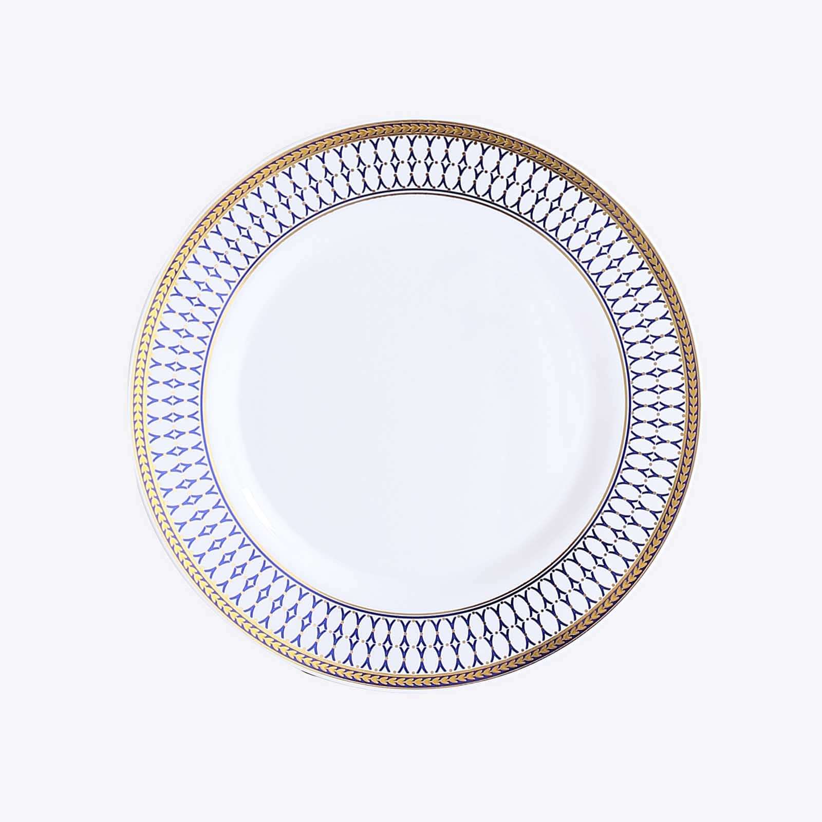 10-Pack Plastic 9" Round Dinner Plates in White with Gold Navy Blue Chord Rim - Renaissance Style Disposable Plates for Events & Banquets