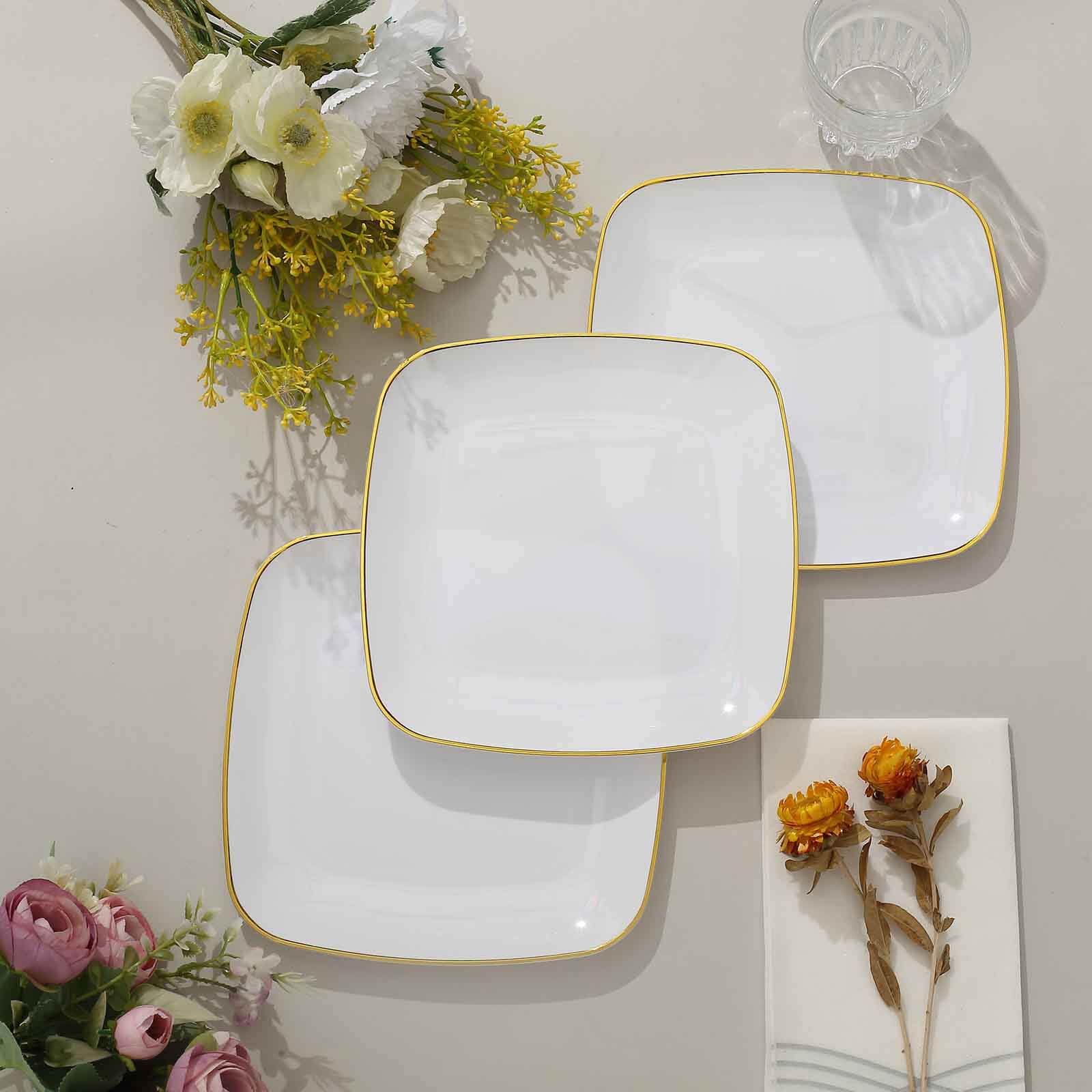 10-Pack Plastic 7" Square Dessert Plates in White with Gold Rim - Classy Disposable Appetizer Salad Plates for Weddings & Special Events