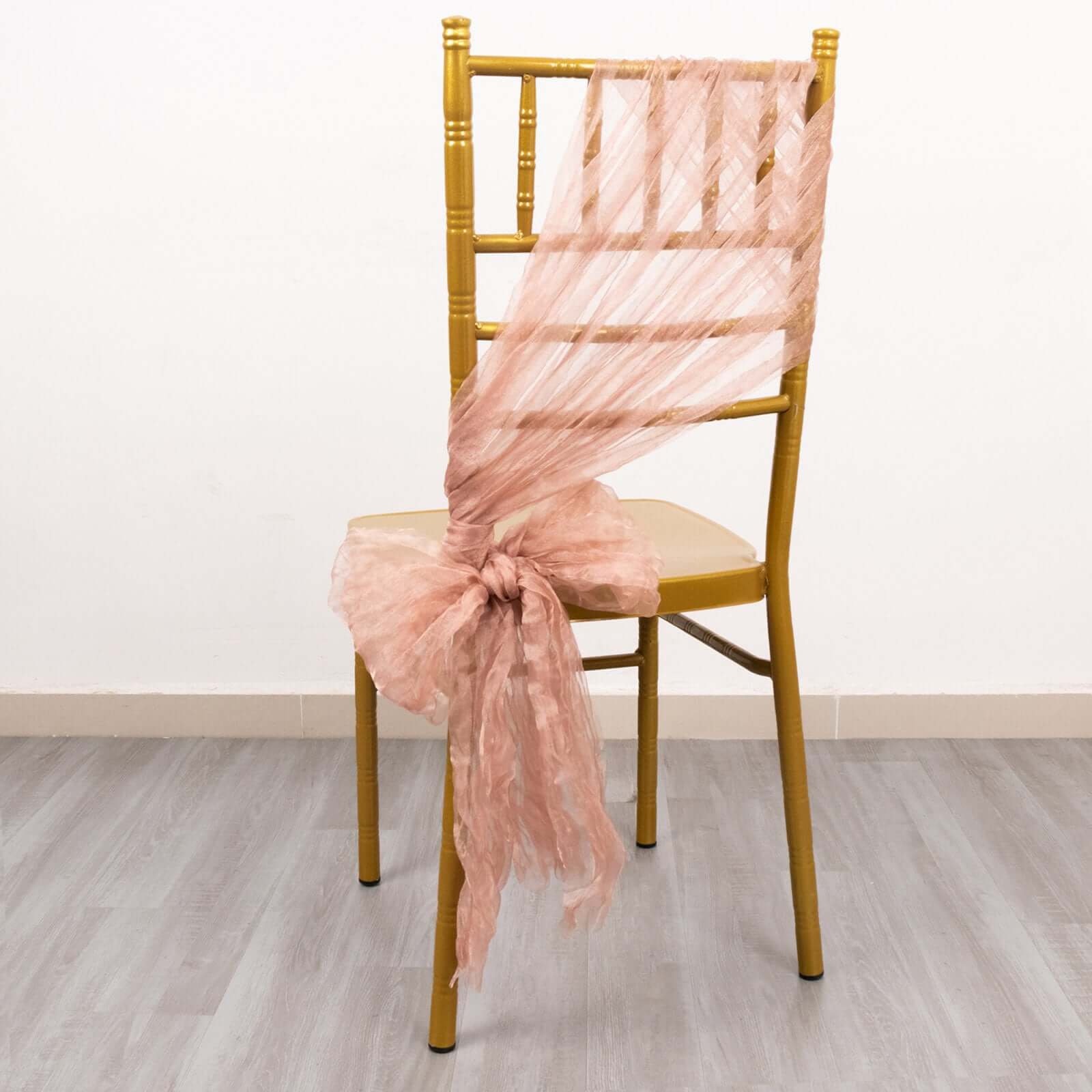 5 Pack Crinkled Organza Chair Sashes Dusty Rose with Shimmer Chiffon Layers - Stylish Sheer Decor