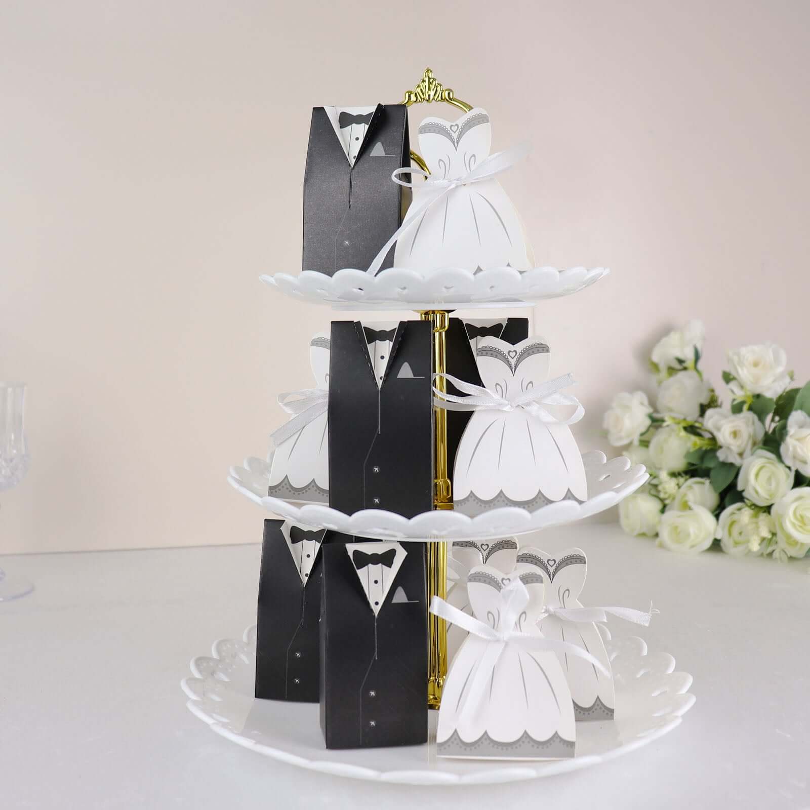 50 Pcs Set Wedding Dress and Tuxedo Shower Party Favor Candy Gift Boxes with Ribbon Ties