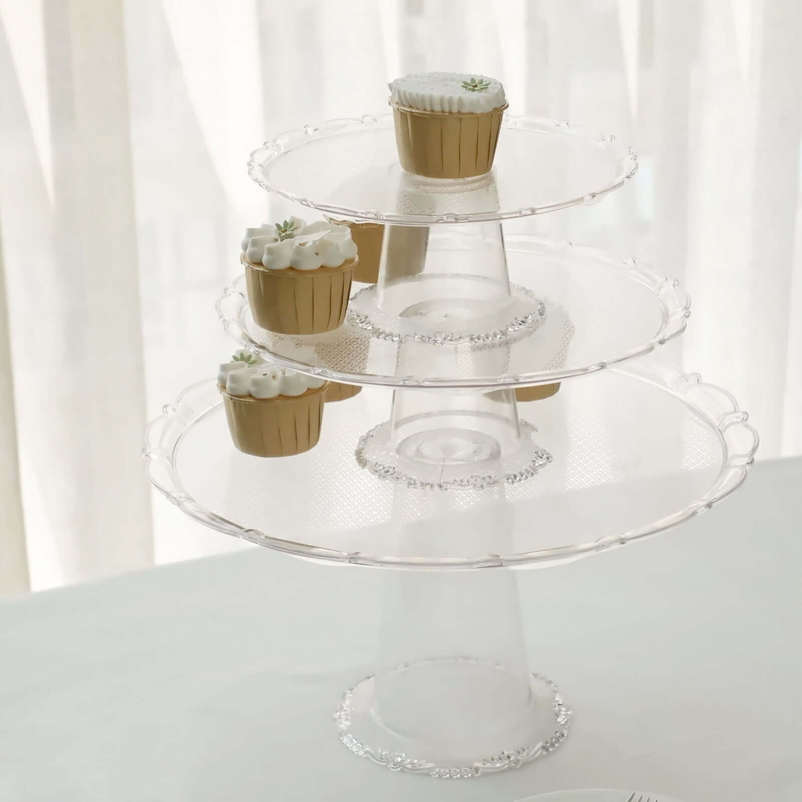 Set of 3 Plastic Round Pedestal Cake Stands Clear for Tea Parties Dessert Buffets & Banquets 9", 11", 15"