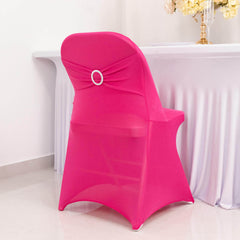 Stretch Spandex Chair Cover Fuchsia for Folding Chairs - Secure Fit Slipcover with Silver Rhinestone Buckled Sash Band