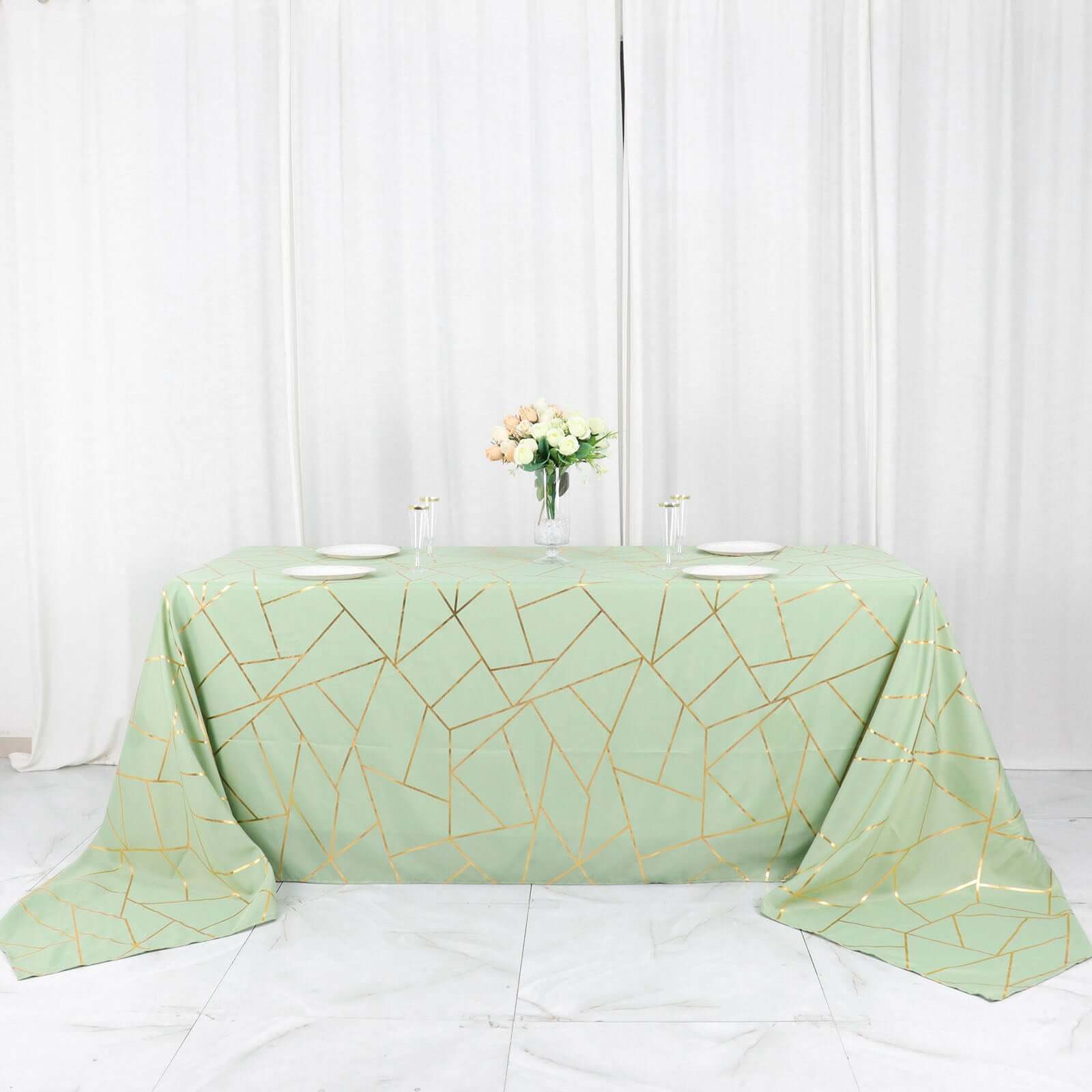 Polyester 90"x156" Rectangle Tablecloth Sage Green Seamless with Gold Foil Geometric Pattern - Wrinkle-Resistant Seamless Table Cover for Sophisticated Events