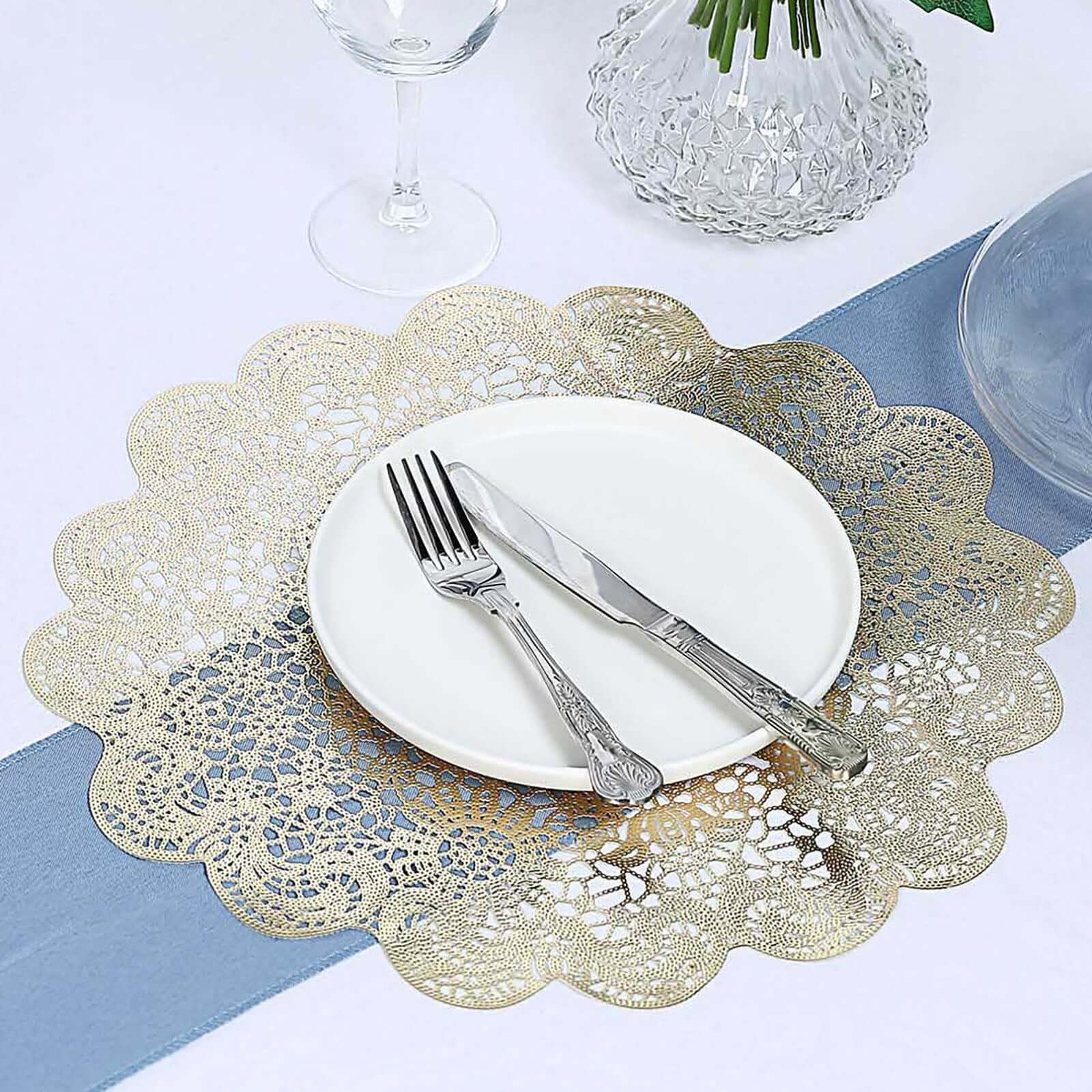 6-Pack Dining Table Mats Floral Lace Design Gold - Vinyl Non-Slip Surface with Vintage Appeal 15"