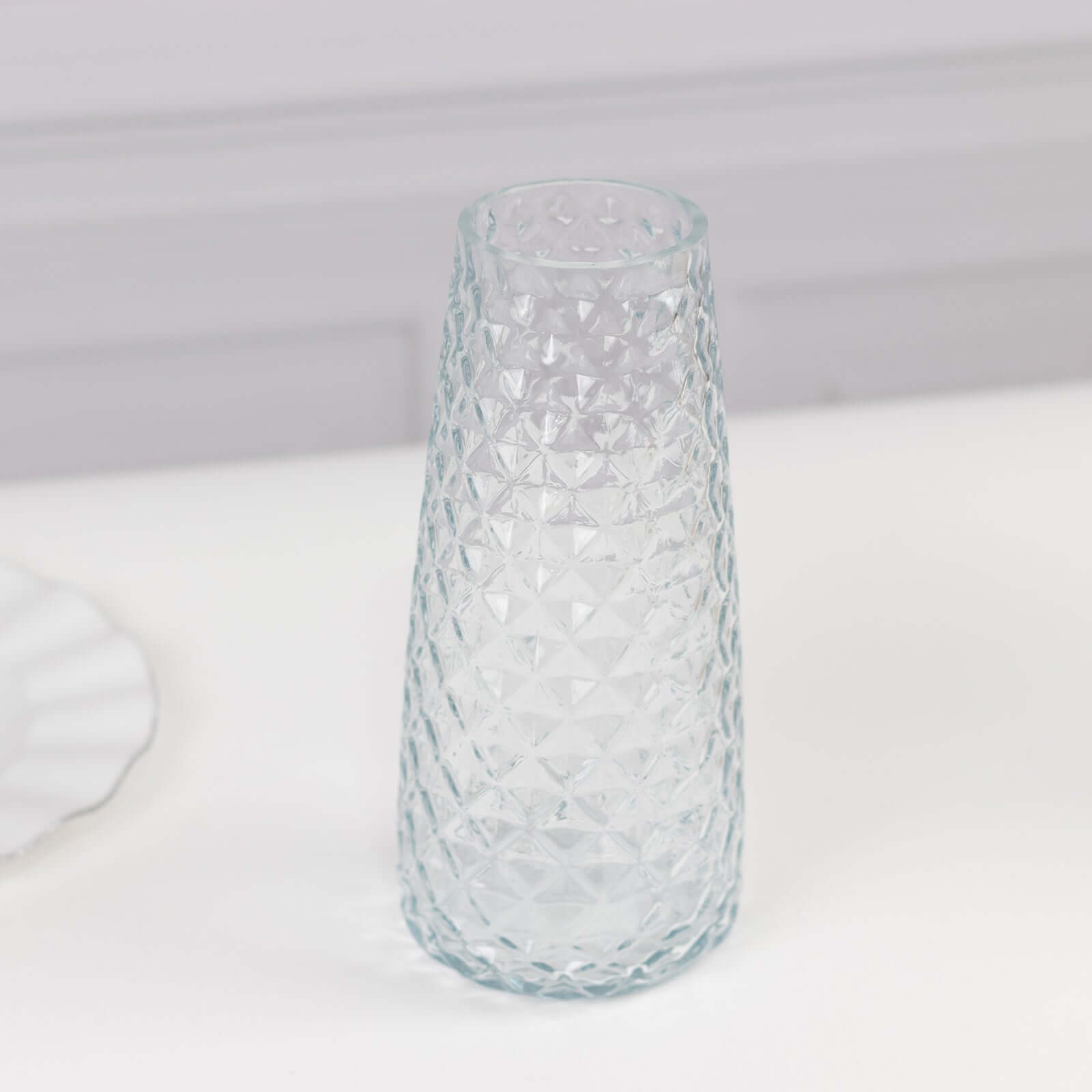 6-Pack Glass Urn Vases Clear with Diamond Crystal Cut Pattern - Stylish Decorative Design for Event Decor 8.5"