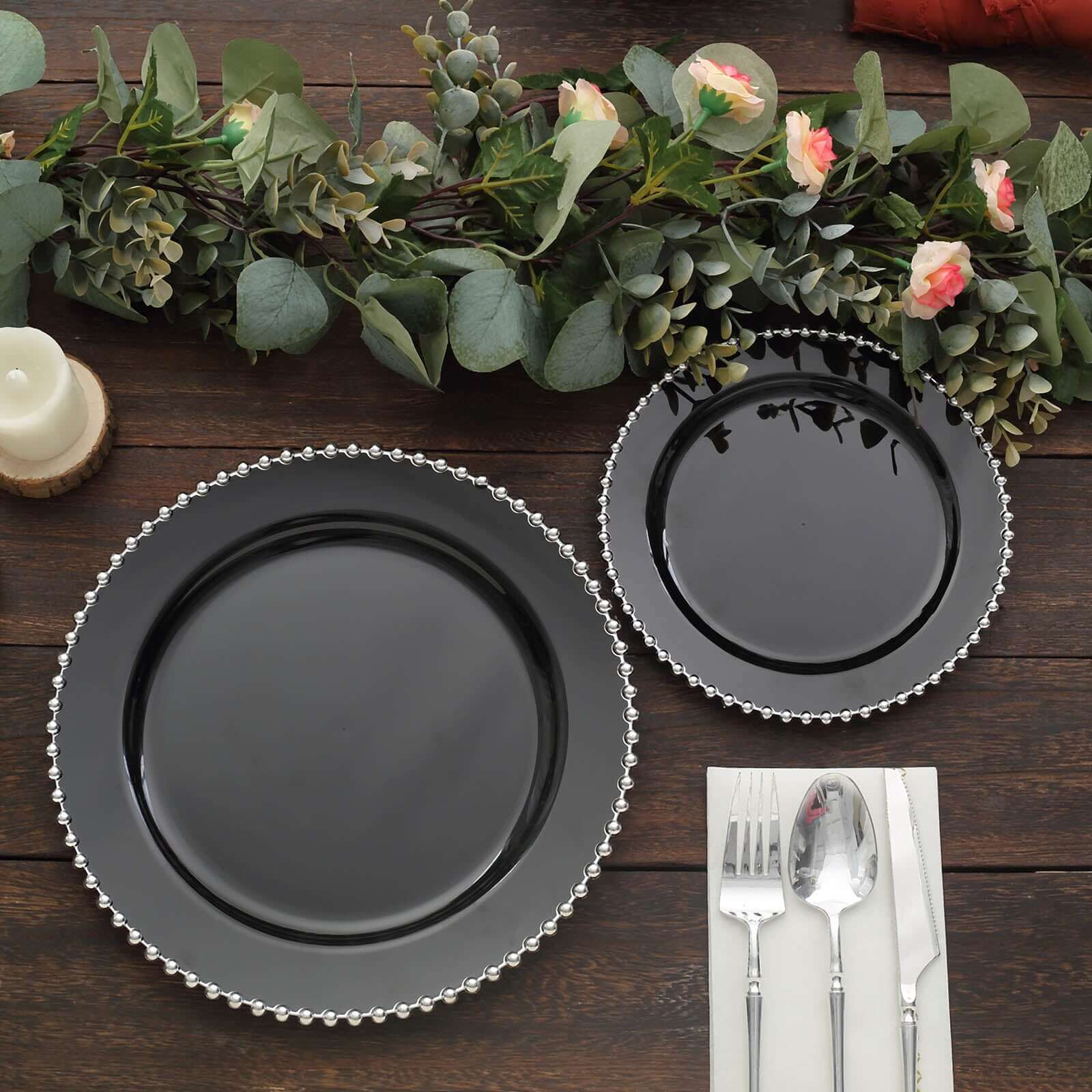 10-Pack Plastic 10" Round Dinner Plates in Black with Silver Beaded Rim - Disposable Party Plates for Banquets & Festive Occasions