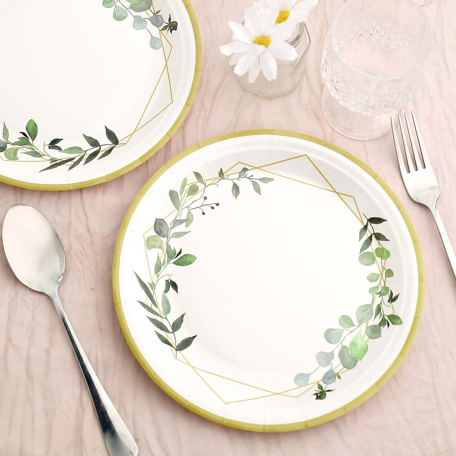 24-Pack Paper 9" Round Dinner Plates in White with Eucalyptus Leaves & Gold Rim - Disposable 300GSM Party Plates for Modern & Nature-Inspired Events