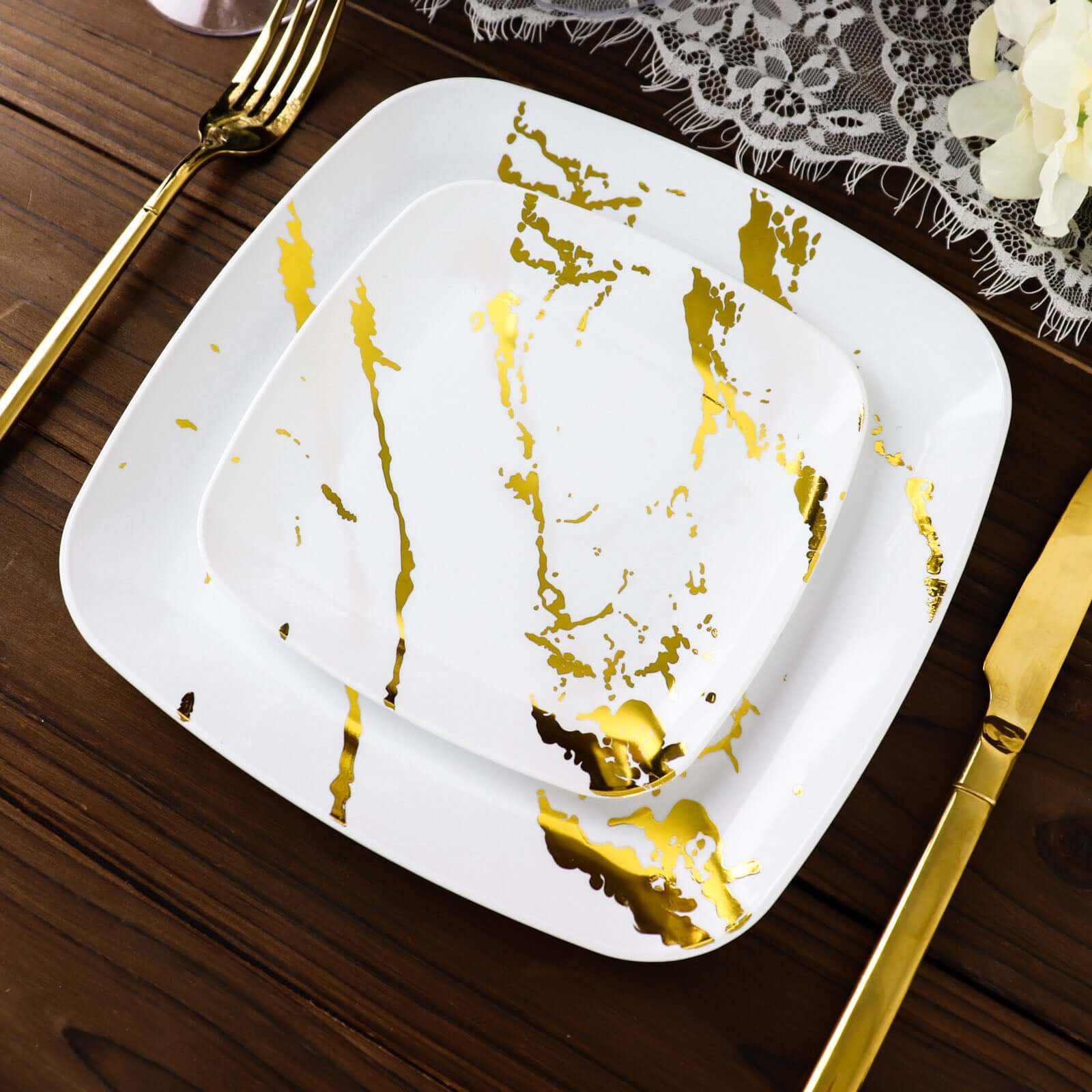 10-Pack Plastic 8" Square Dessert Plates in White with Gold Marble Design - Disposable Appetizer Salad Party Plates for Weddings, Banquets & Special Events