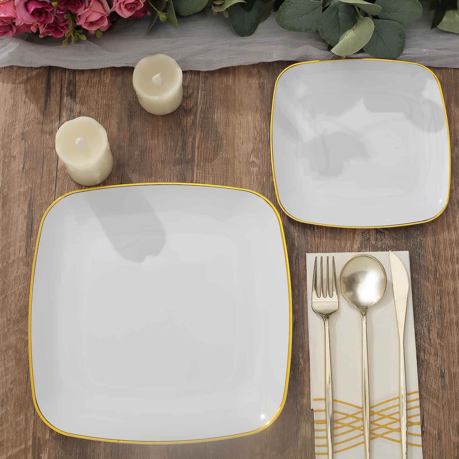 10-Pack Plastic 7" Square Dessert Plates in White with Gold Rim - Classy Disposable Appetizer Salad Plates for Weddings & Special Events