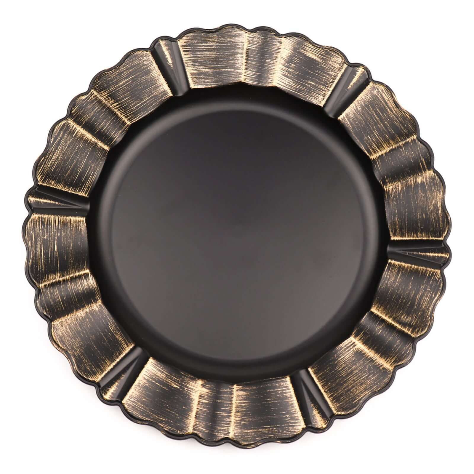 6-Pack Acrylic Plastic Round Charger Plates 13" in Matte Black with Gold Brushed Wavy Scalloped Rim, Decorative Dinner Party Charger Tableware