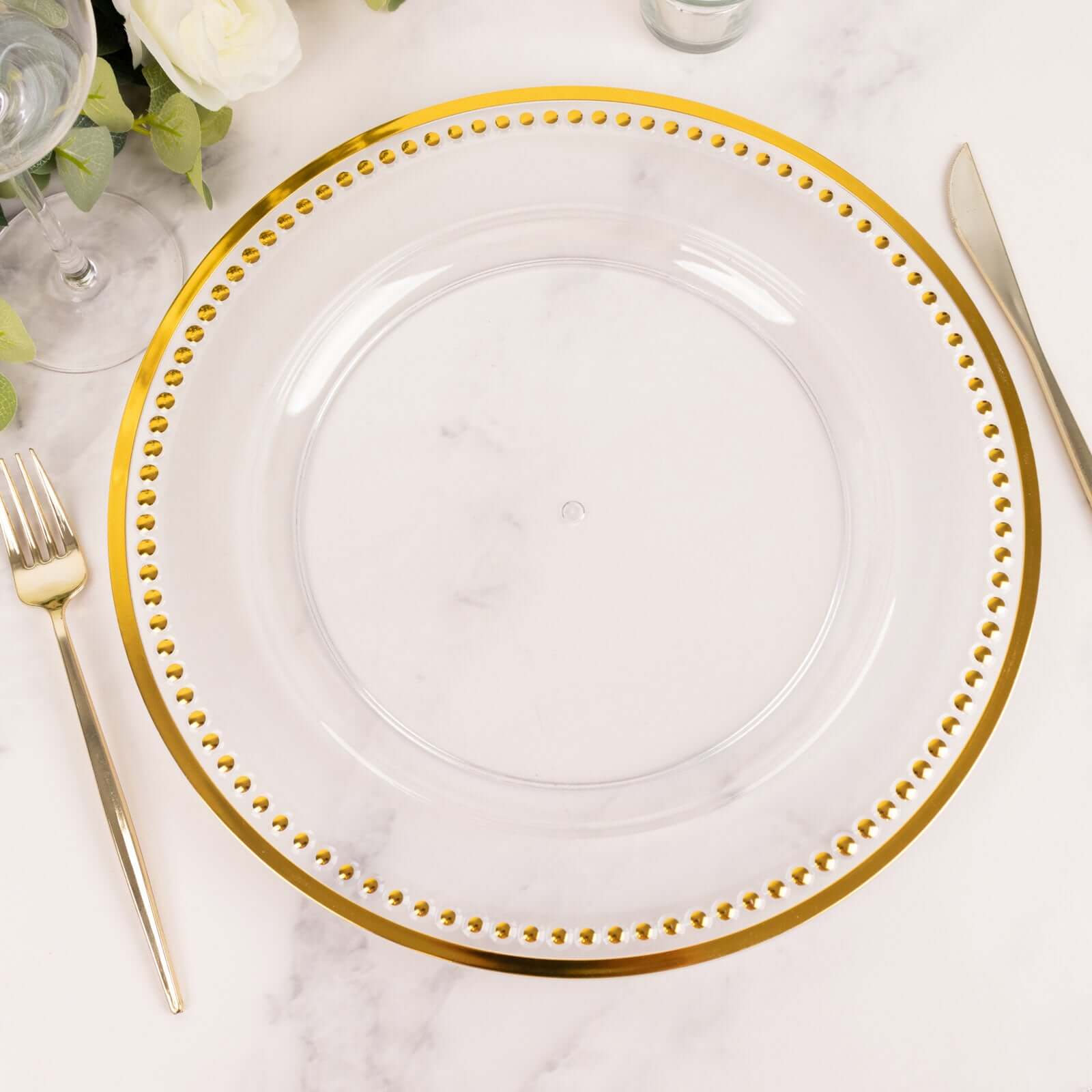 6-Pack Acrylic Round Charger Plates 13" in Clear with Gold Beaded Rim, Dinner Charger Event Tabletop Decor