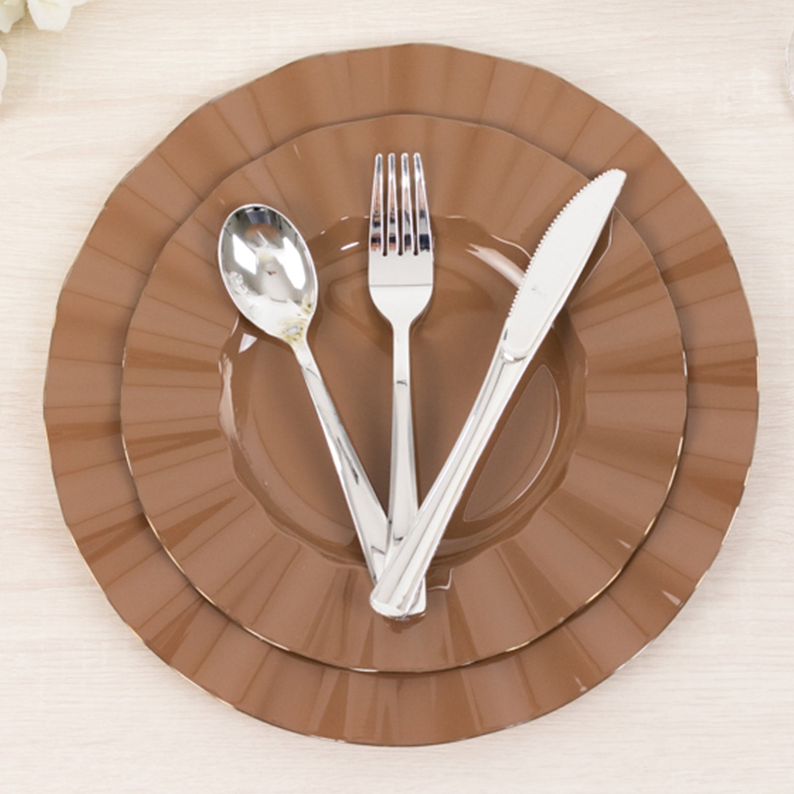 10-Pack Plastic 11" Round Dinner Plates in Coffee Brown Ruffled Rim with Gold Edging - Sturdy Disposable Dinnerware