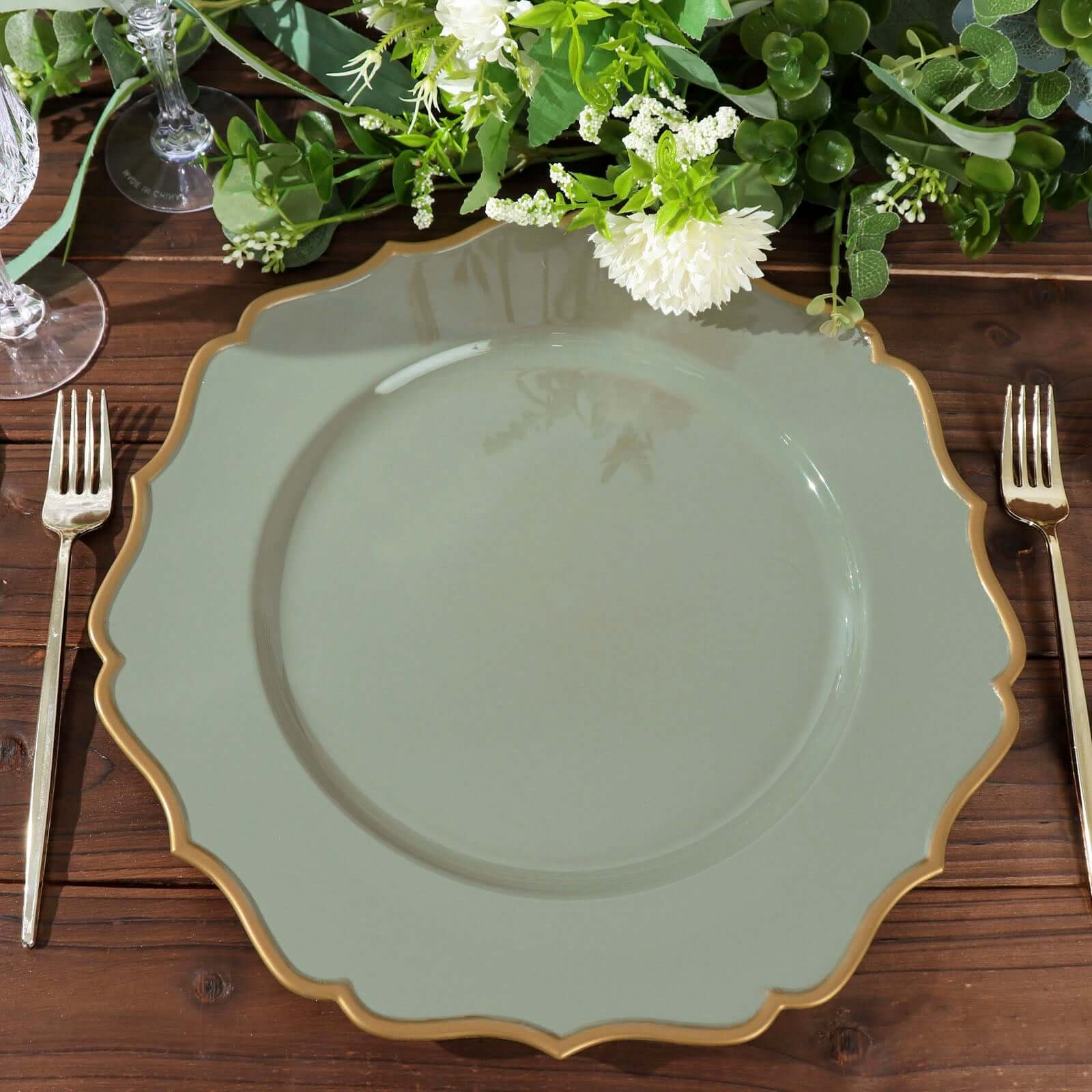 6-Pack Acrylic Round Charger Plates 13" in Dusty Sage Green with Gold Scalloped Rim, Decorative Dinner Party Plastic Charger Tableware