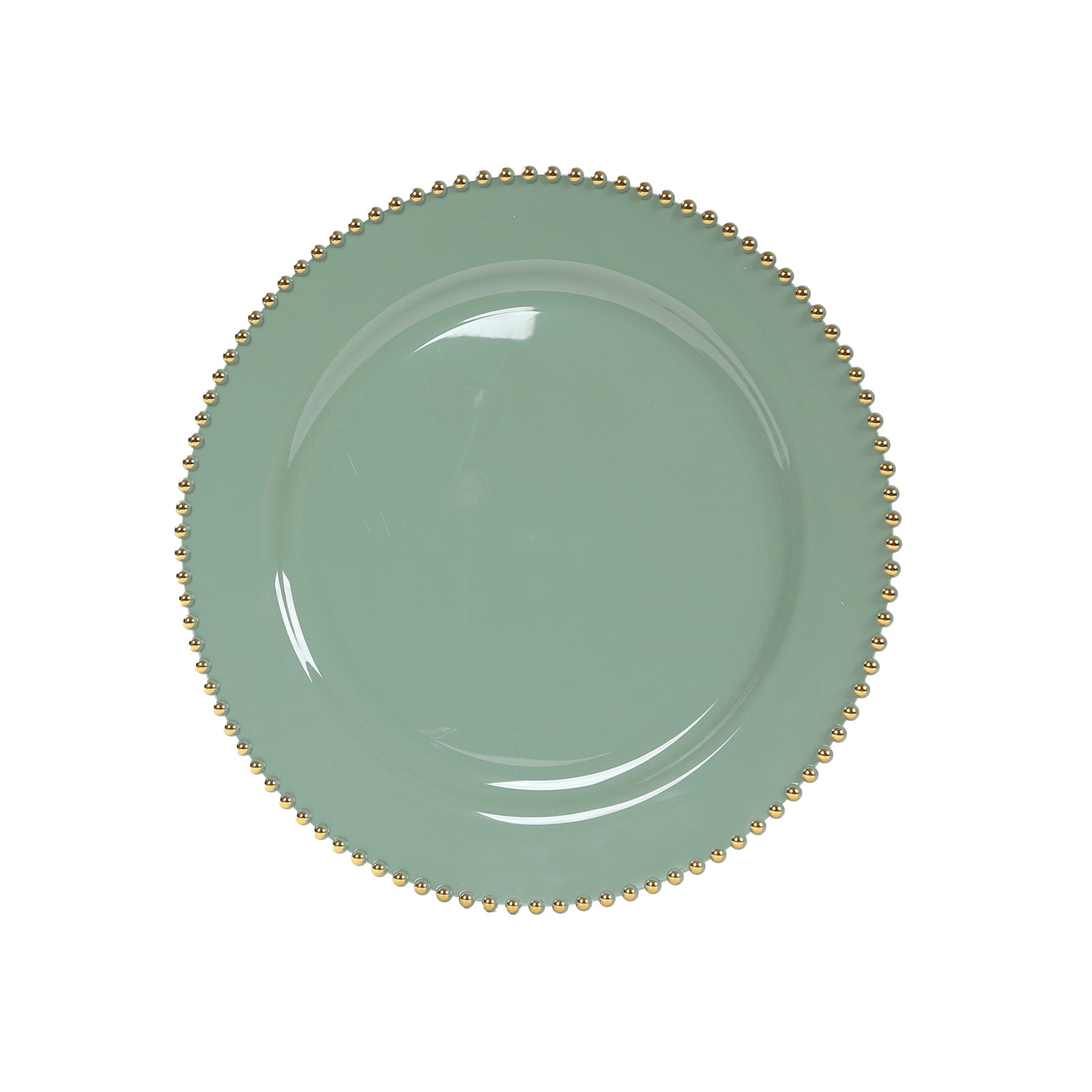 10-Pack Economy Round Plastic Charger Plates 13" in Dusty Sage Green with Gold Beaded Rim, Stylish Dinner Party Serving Plates