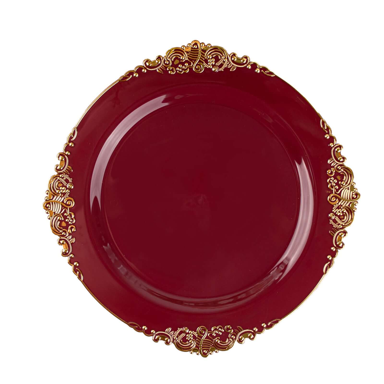 10-Pack Plastic 10" Round Dinner Plates in Burgundy with Gold Leaf Embossed Rim - Disposable Vintage Baroque Style Plates