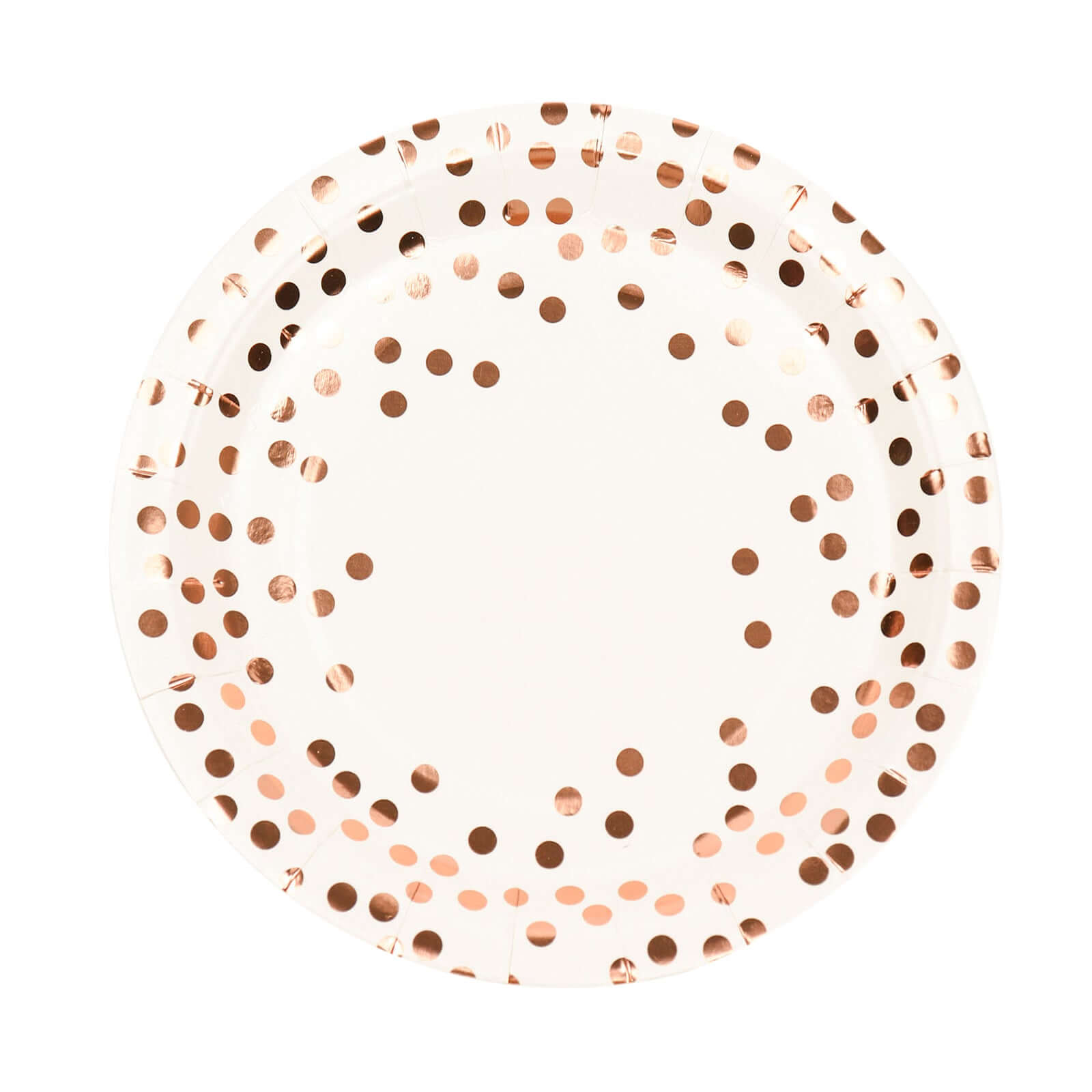 25-Pack Paper Round Dinner Plates 9" White with Metallic Rose Gold Polka Dots - Disposable 300GSM Party Plates for Banquets & Celebrations