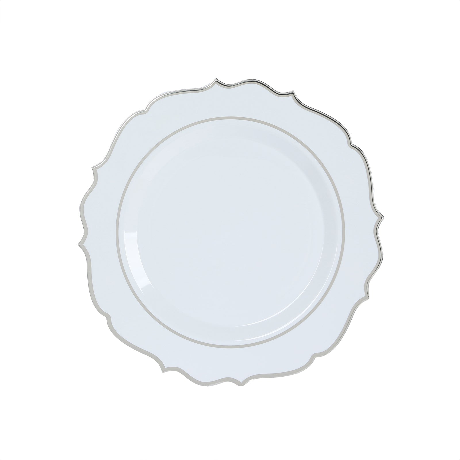 10-Pack Economy Plastic Round Charger Plates 13" in White with Silver Scalloped Rim, Decorative Dinner Party Serving Plates