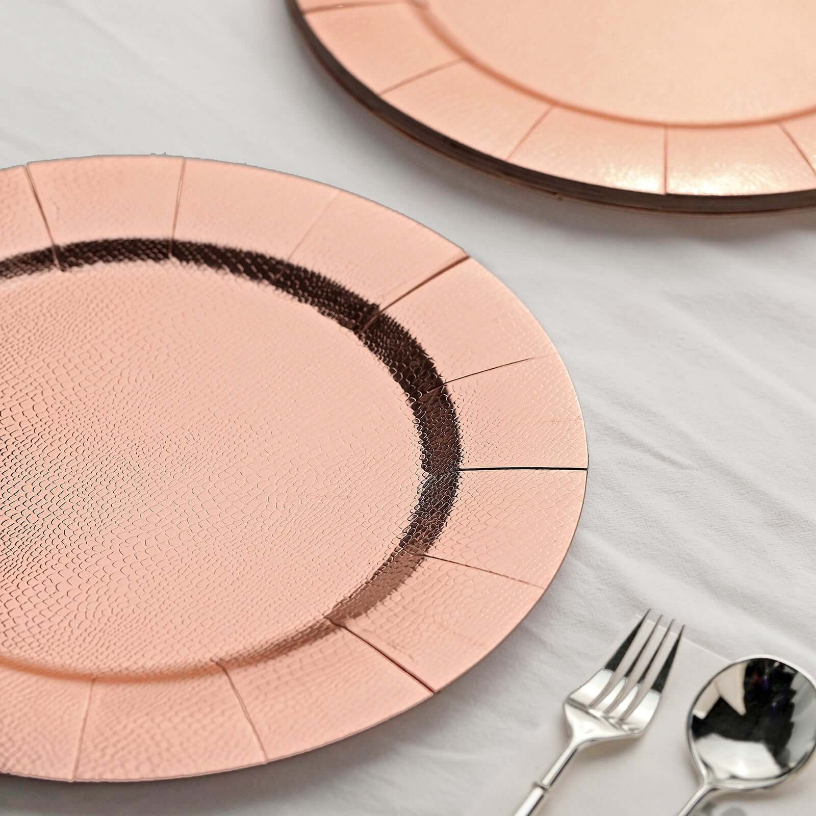 10-Pack Disposable Round Charger Plates in Rose Gold with Leathery Texture - Durable 1100GSM Cardboard Placemats 13"