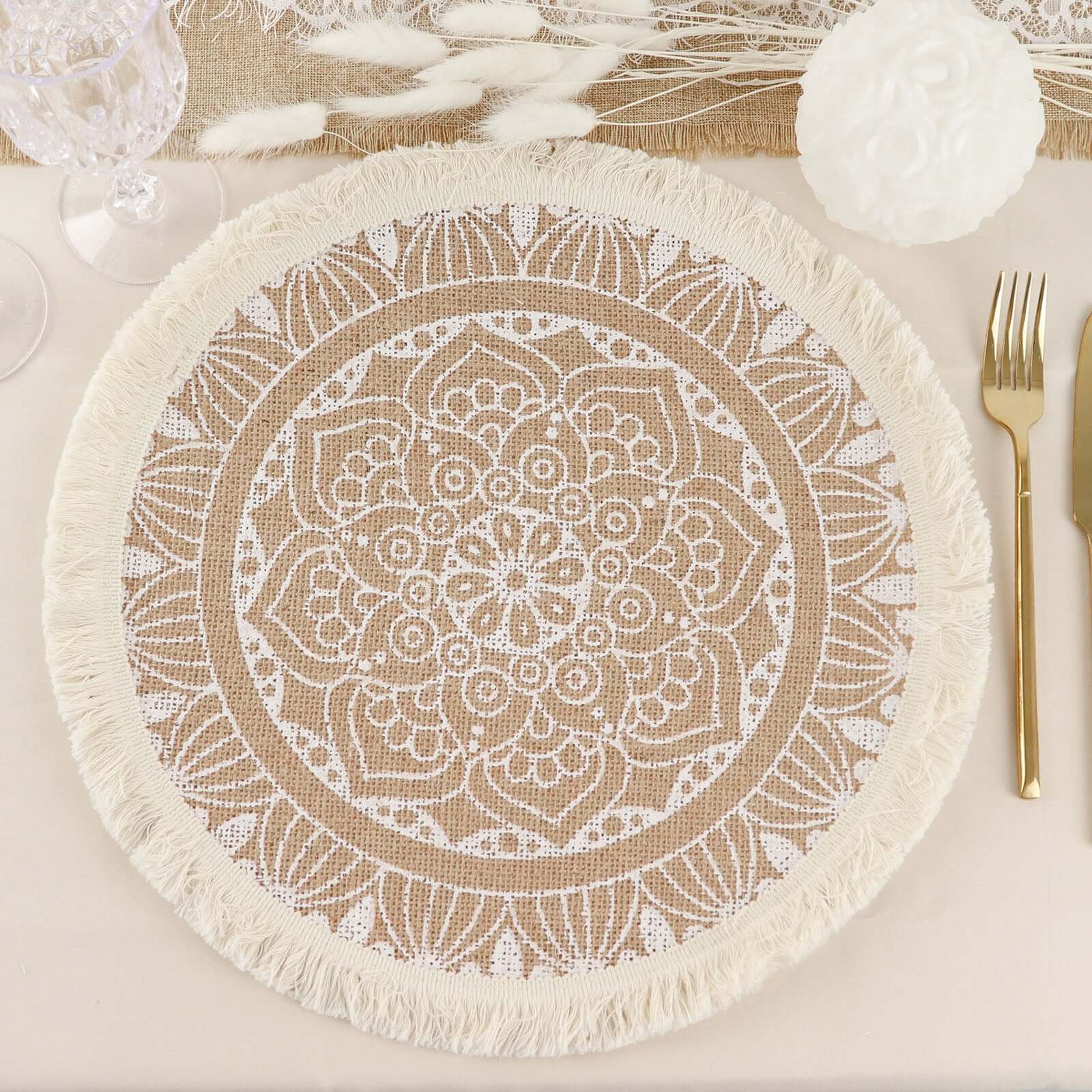 4-Pack Placemats Mandala Print Fringe Design Natural Jute and White Round - Rustic Burlap Tassel Style 15"
