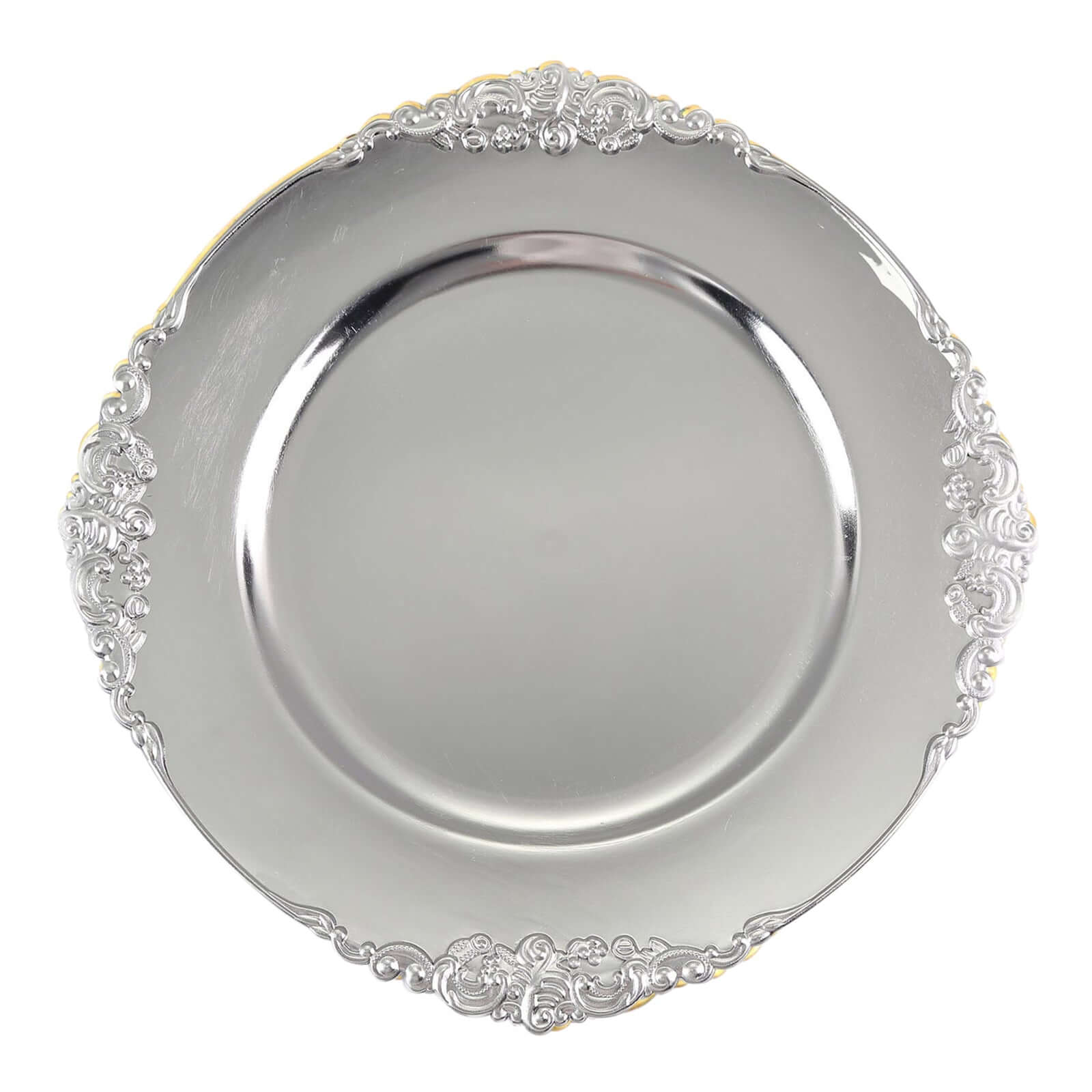 6-Pack Acrylic Round Charger Plates 13" in Silver with Embossed Baroque Rim, Antique Decorative Dinner Party Charger Tableware