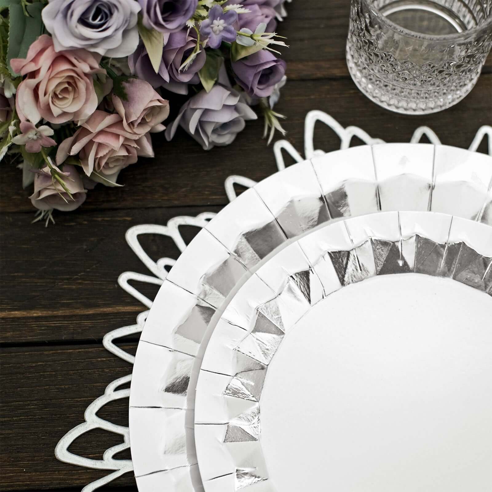 25-Pack Paper 12" Round Charger Plates in Metallic Silver with Geometric Prism Design - Disposable 400GSM Serving Trays