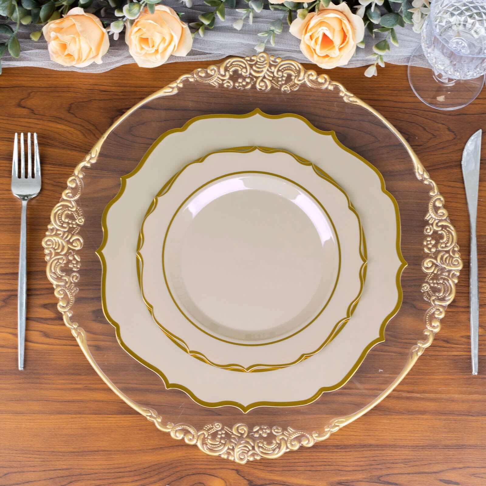 10-Pack Plastic 10" Round Dinner Plates in Taupe with Gold Scalloped Rim - Disposable Party Plates