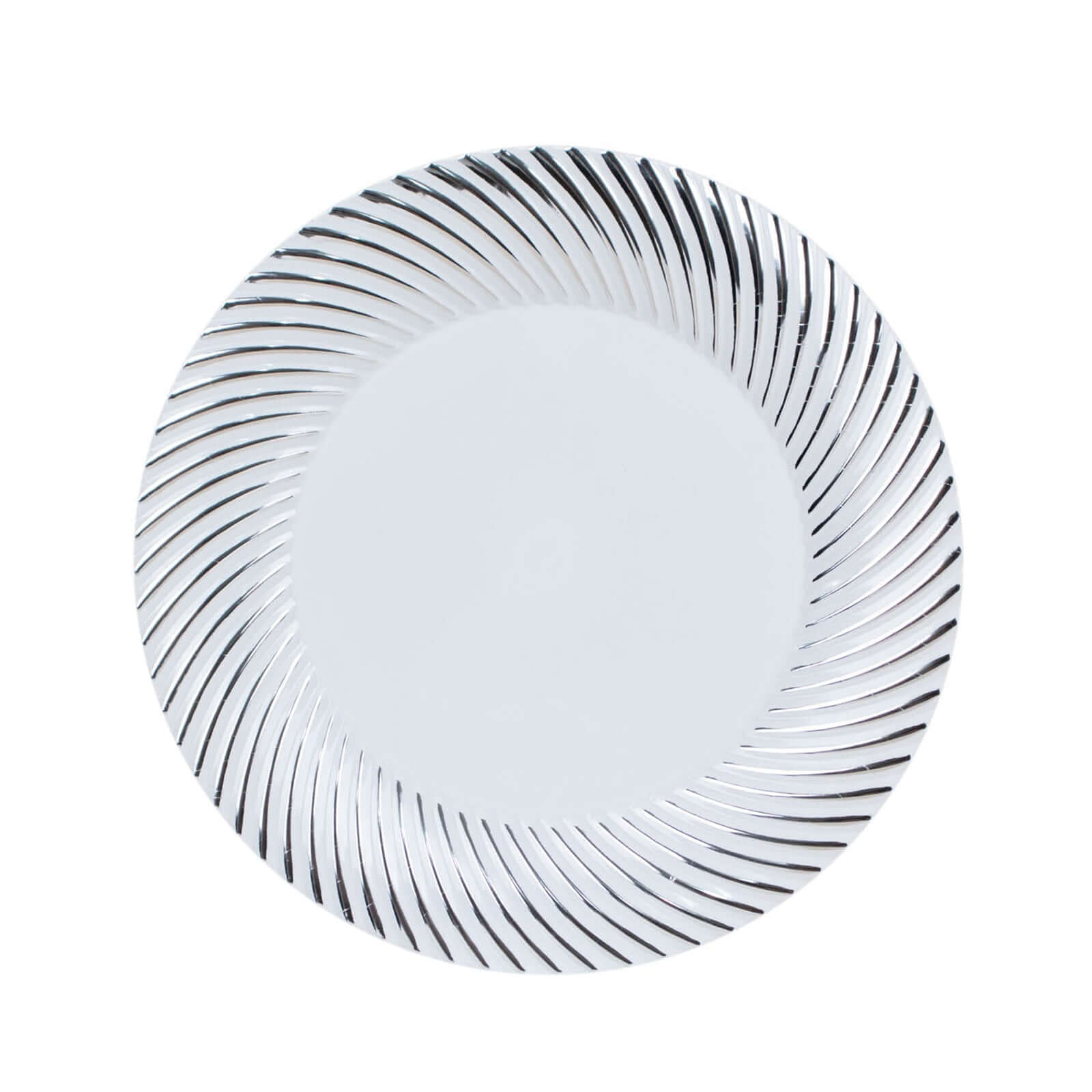 10-Pack Plastic 7" Round Dessert Plates in White with Silver Swirl Rim - Disposable Salad Plates