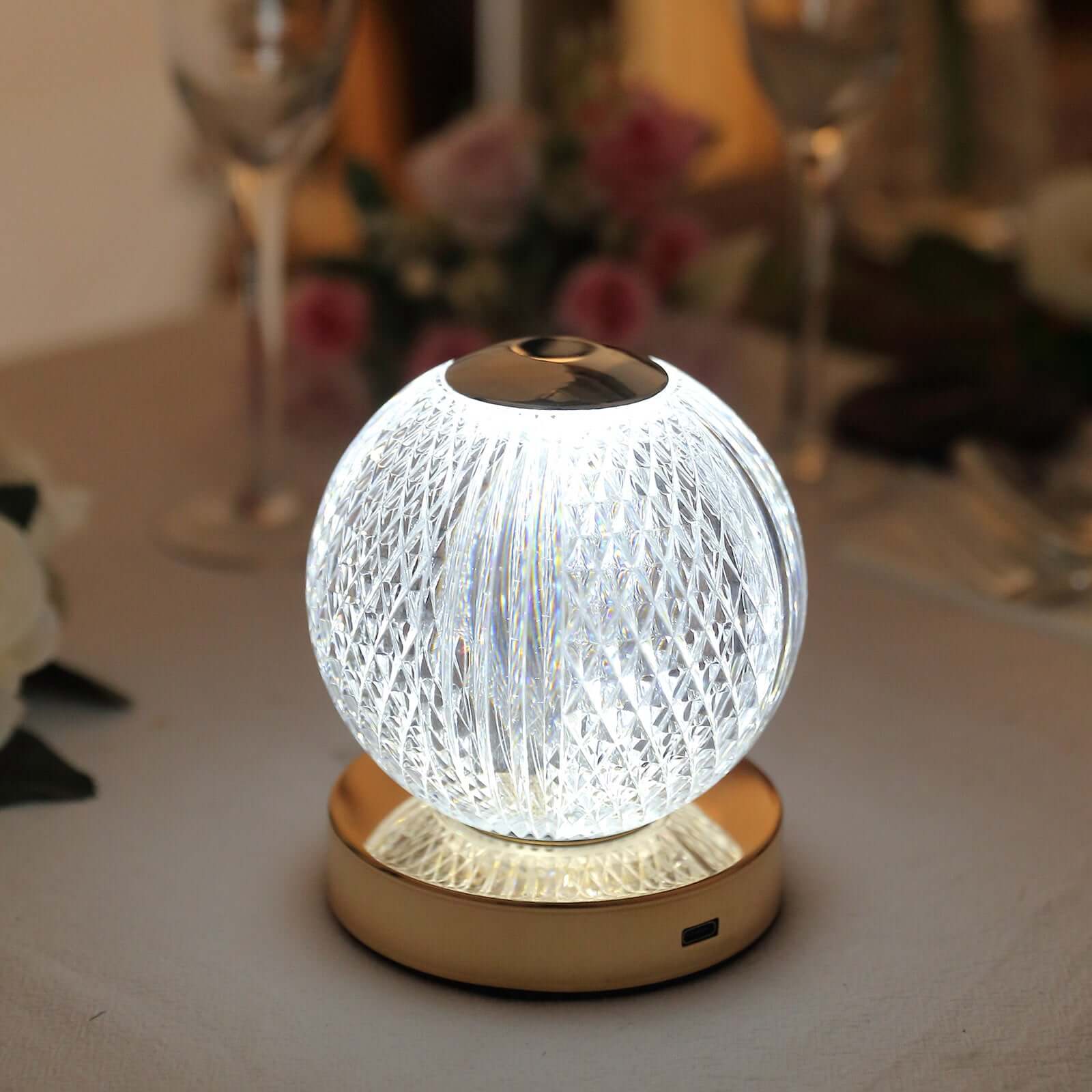 Acrylic LED Table Lamp Diamond Cut Ball Design Rechargeable - Dimmable Touch Control Decorative Night Light 5"