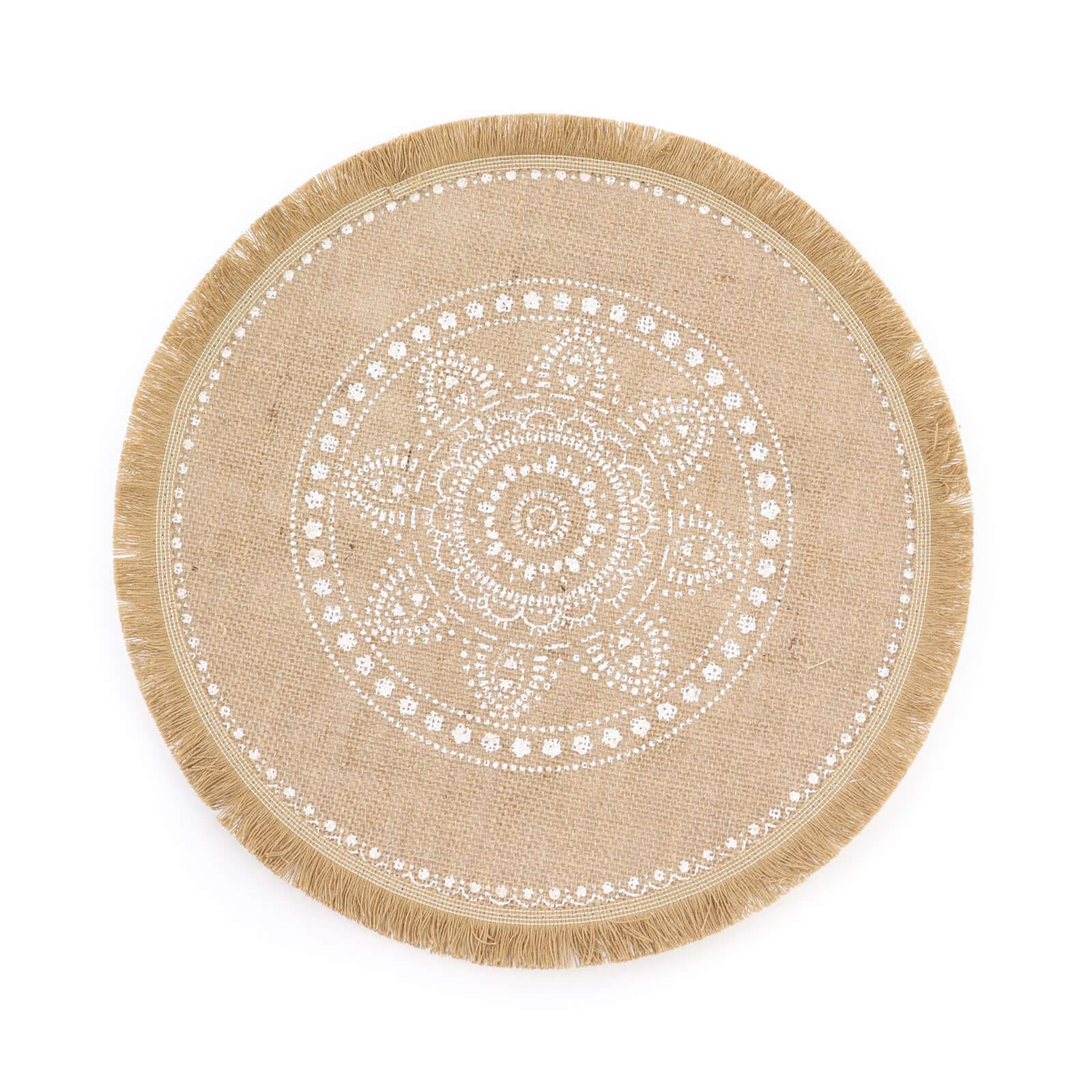 4-Pack Placemats White Embroidery Print Design Natural Jute Fringe Round - Rustic Burlap Woven Style 15"