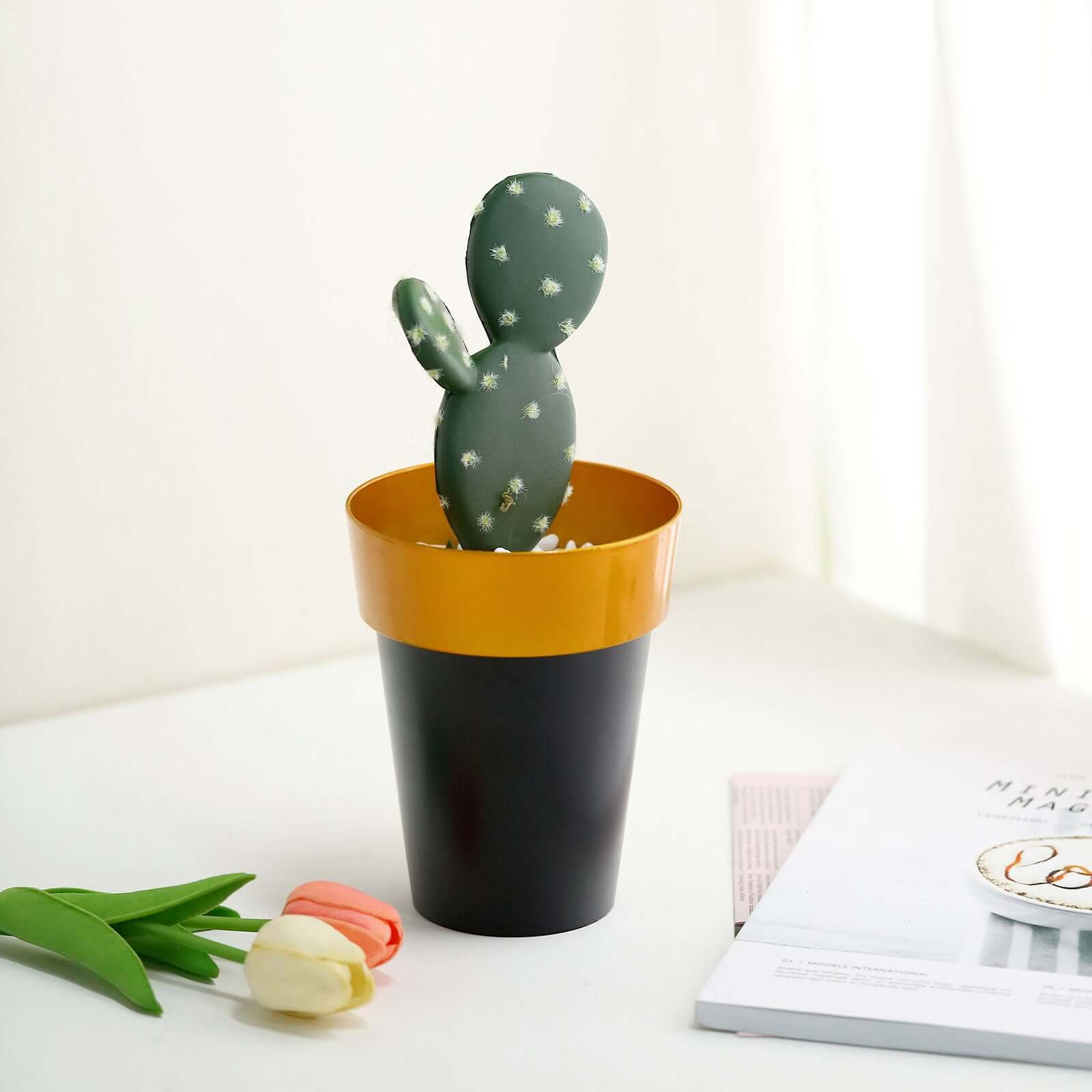 2-Pack Flower Plant Pots Medium Design Black with Gold Rim - Plastic Indoor Decorative Planters 6"