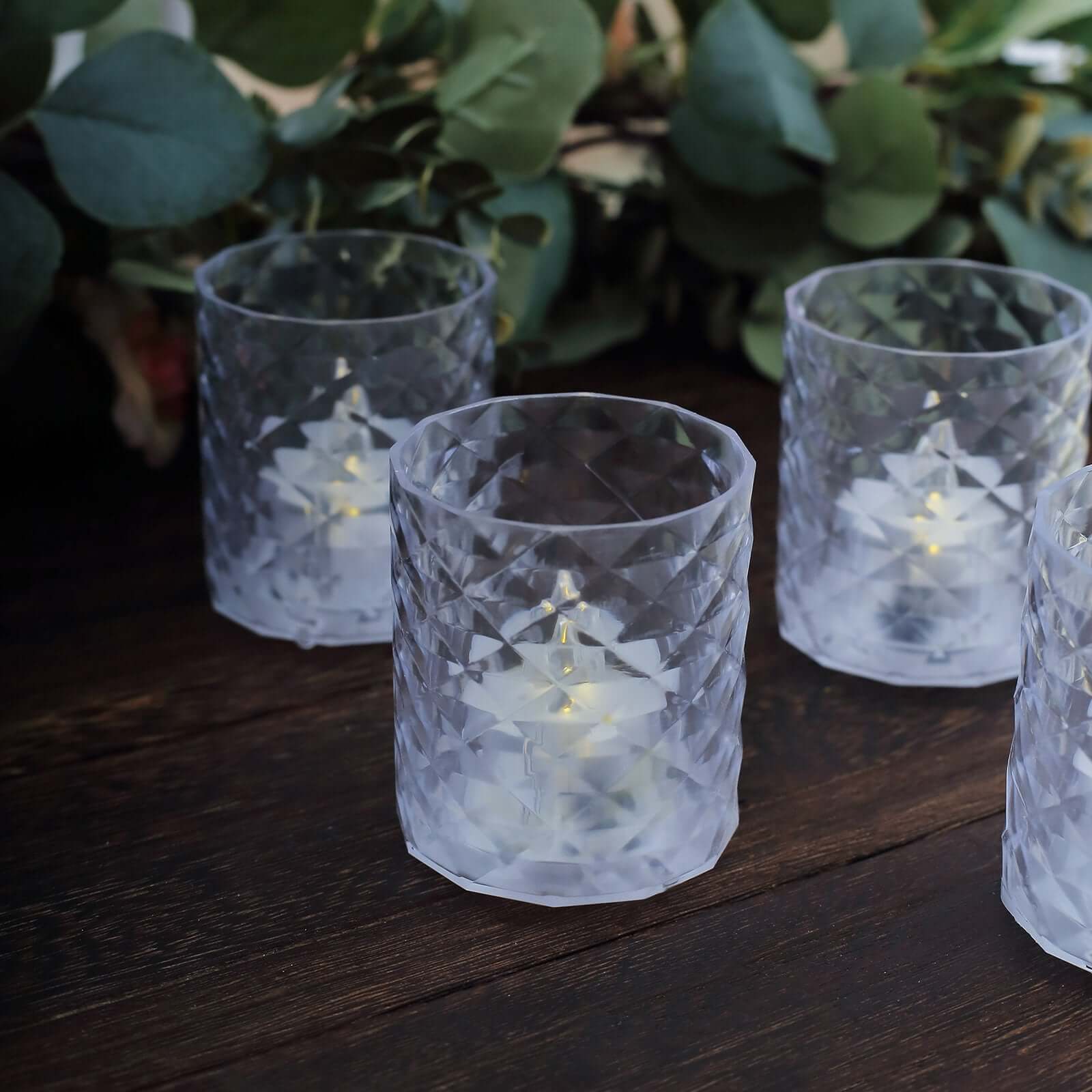 12-Pack LED Tealight Candle Holders Whiskey Glass Design Clear - Warm White Battery Operated Lights 3"