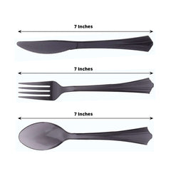 24-Pack Plastic Silverware Set with Fan Flared Tip Handle Transparent Black - Heavy Duty Disposable Utensils 7"