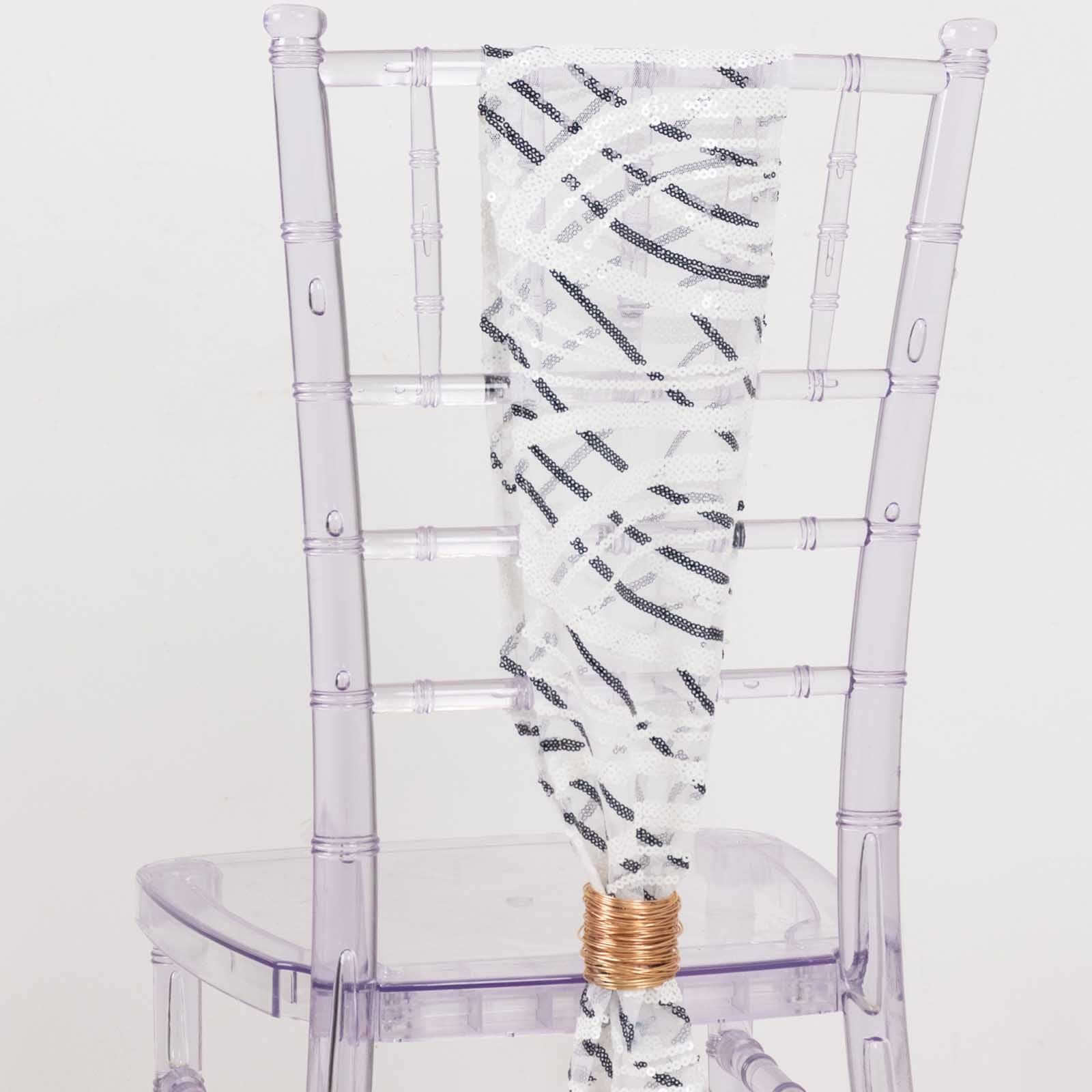 5 Pack Chair Sashes with Wave Embroidered Sequins White/Black 6"x88" - Stylish Glittering Decor for Weddings