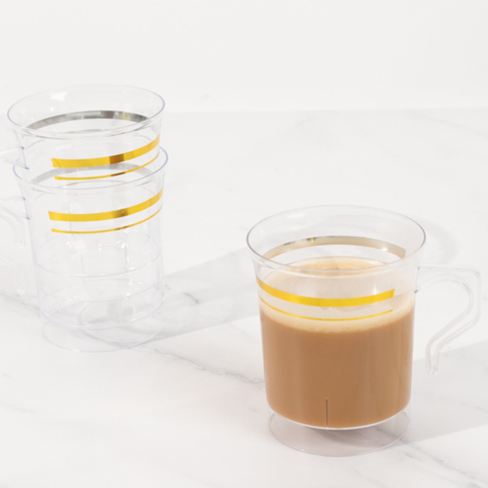 8-Pack Plastic Coffee Mugs Clear with Gold Stripes - Sturdy Disposable Cups for Coffee and Tea 8oz 3.5"