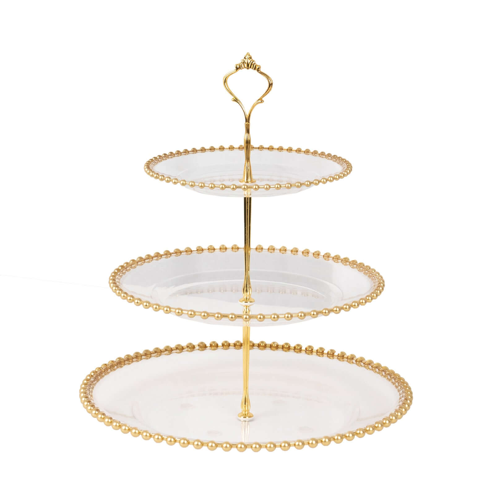 3-Tier Plastic Round Cupcake Tower Stand Clear - Versatile Dessert Display Tea Party Serving Platter with Gold Beaded Rim & Top Handle 14"