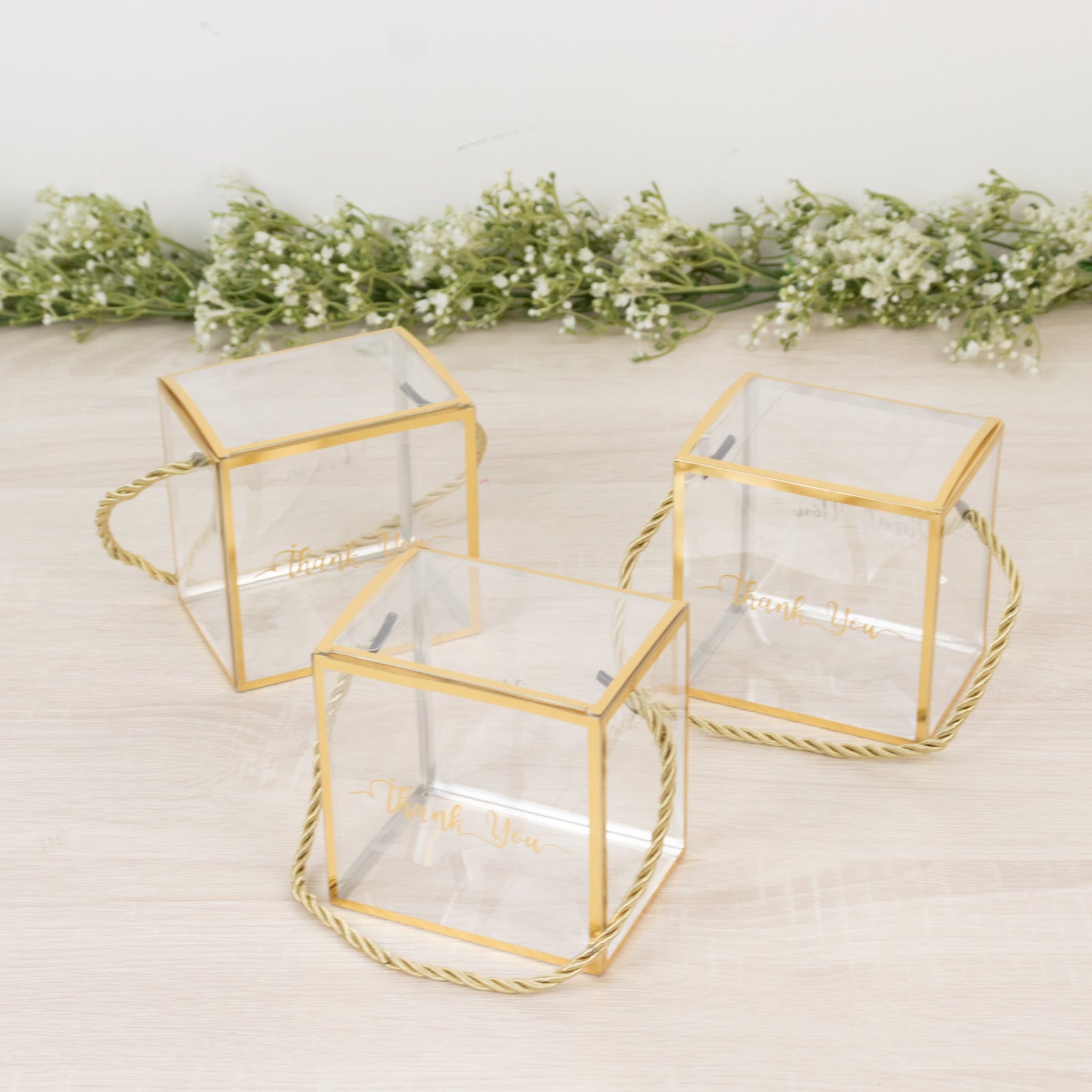 25 Pack Plastic Clear Square Gift Boxes with Gold Trim - Transparent Favor Boxes, Rope Handle, Pre-Printed Thank You Message - 4"x4"