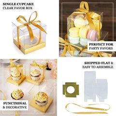 12 Pack 3.5" Clear Metallic Gold Disposable Cupcake Boxes With Ribbon Tie, Plastic Wedding Favor Boxes