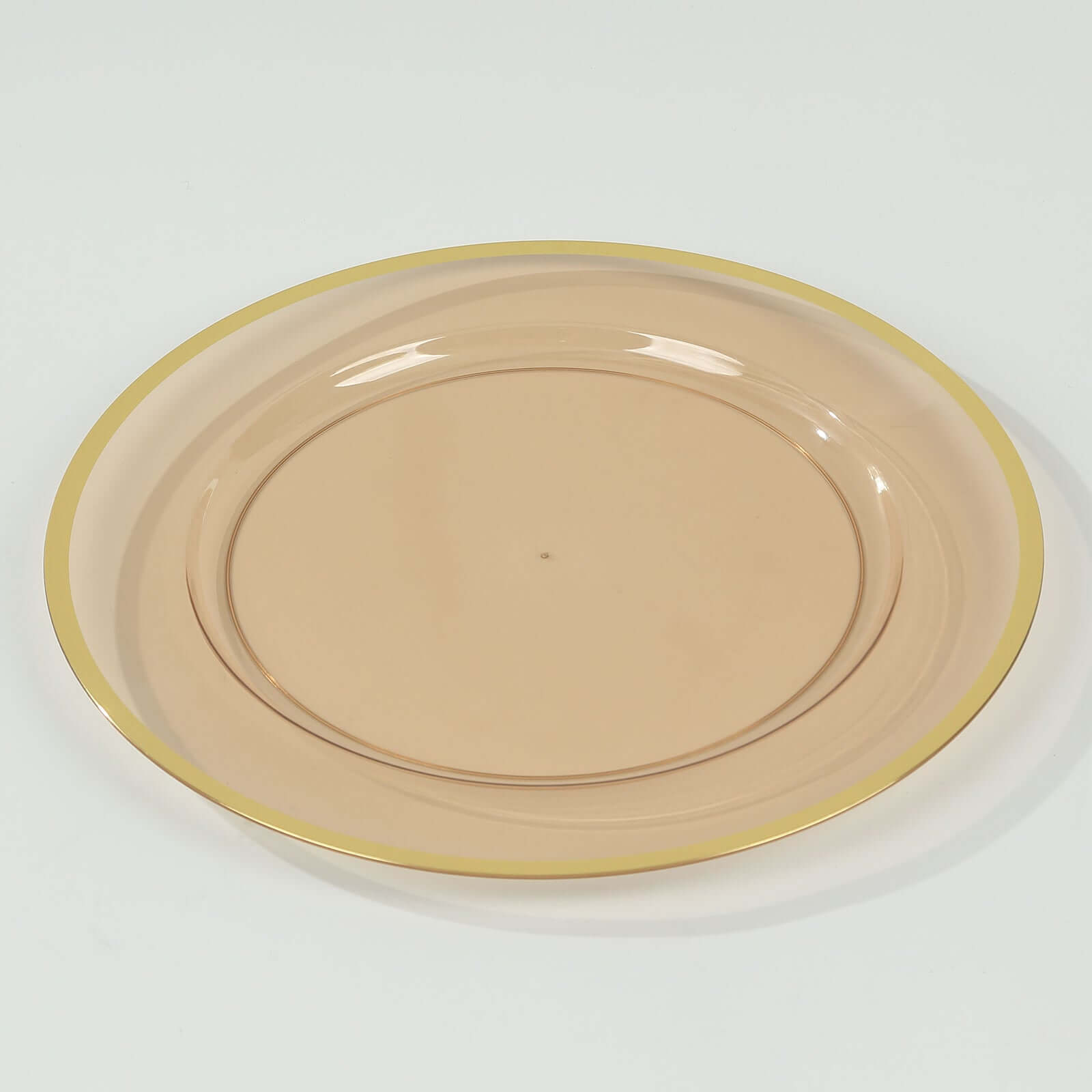 10-Pack Economy Plastic Round Charger Plates 12" in Transparent Amber Gold with Wide Gold Rim, Decorative Dinner Party Serving Plates