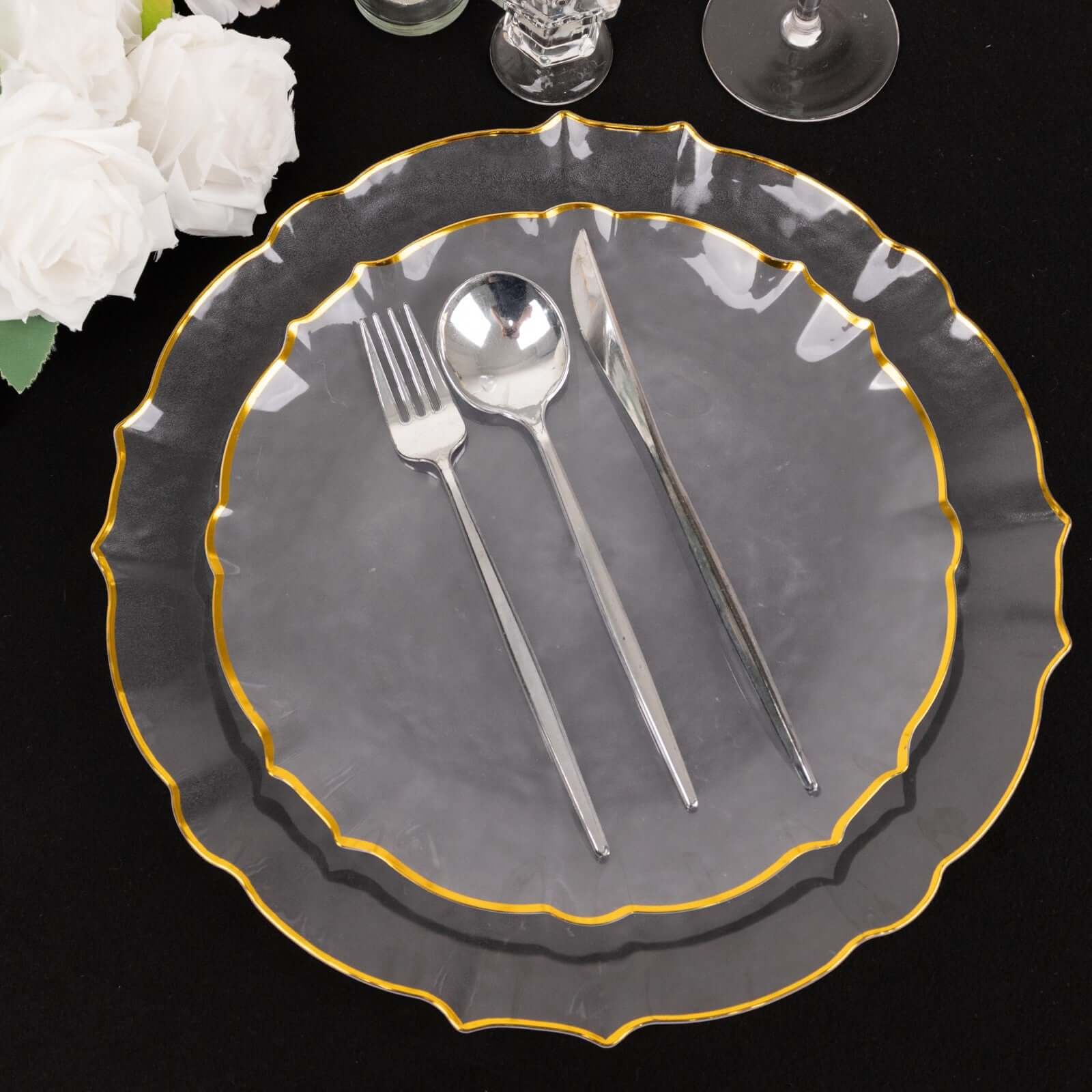 10-Pack Plastic 10" Round Dinner Plates in Clear Sunflower with Gold Scalloped Rim - Disposable Party Plates for Classy Events & Banquets