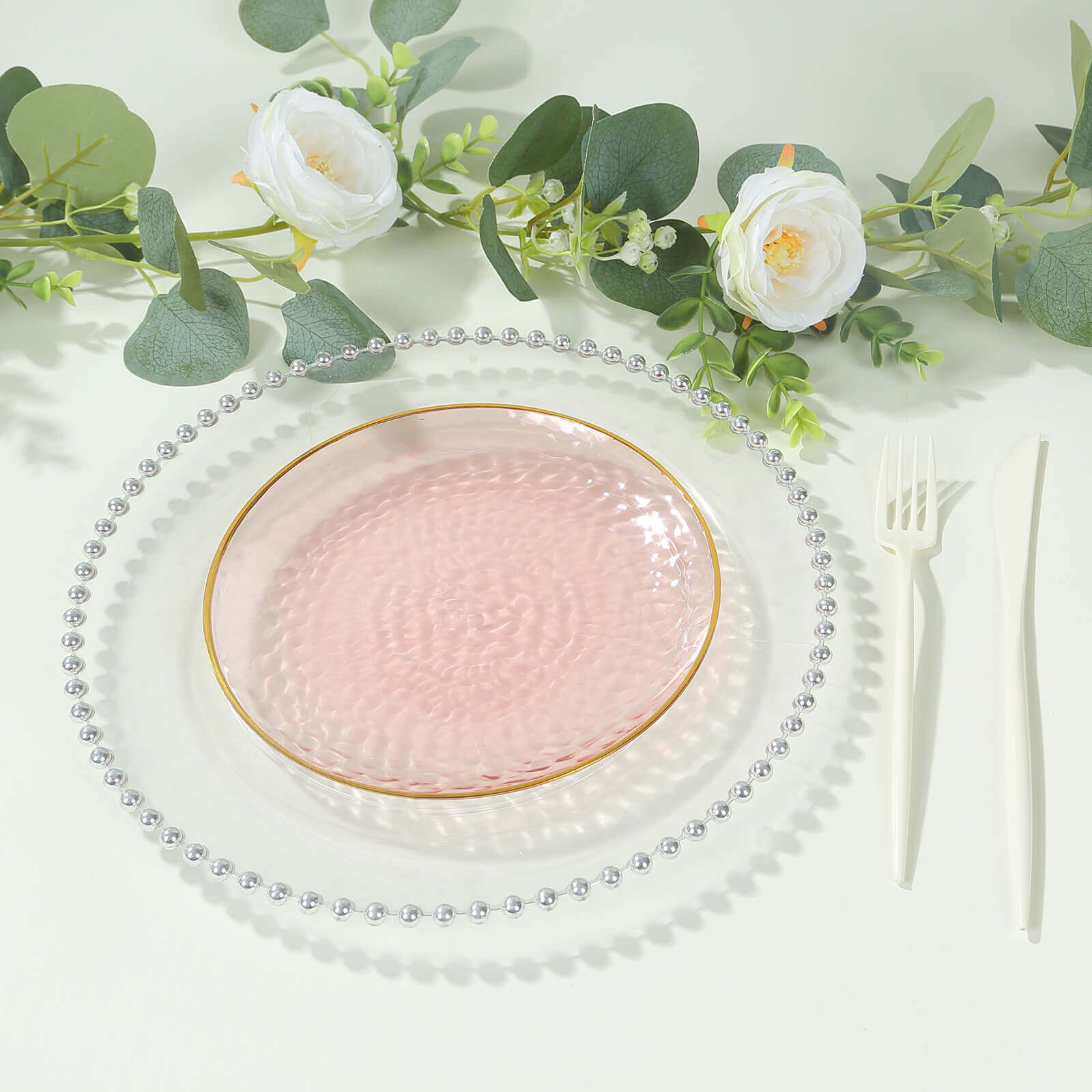 10-Pack Plastic 7" Round Dessert Appetizer Plates in Transparent Blush Hammered Design with Gold Rim - Modern Disposable Salad Plates