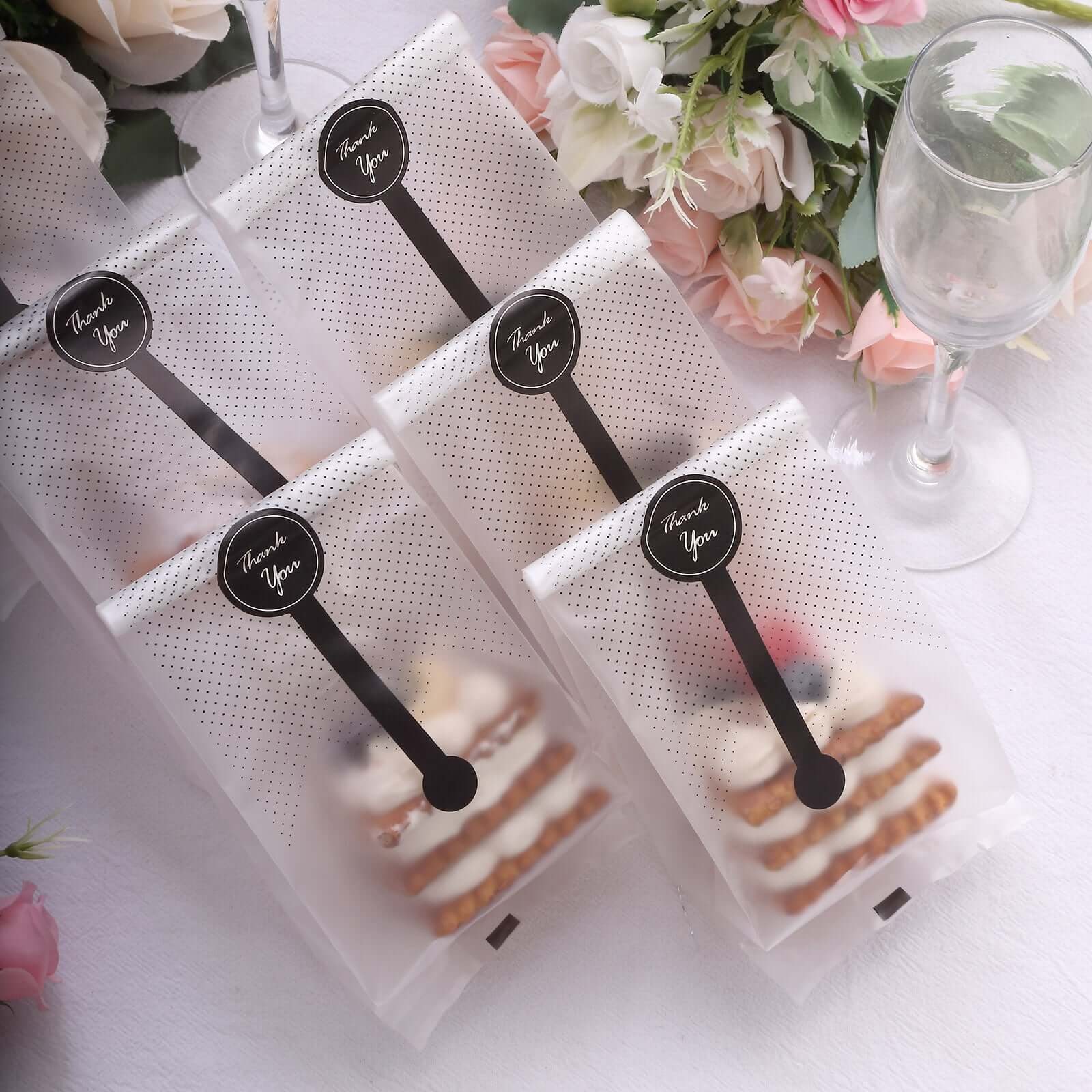 50 Pack Clear Black Dotted Plastic Goodie Gift Bags with "Thank You" Paper Stickers, Rectangular Party Favor Candy Treat Bags - 3"x9"