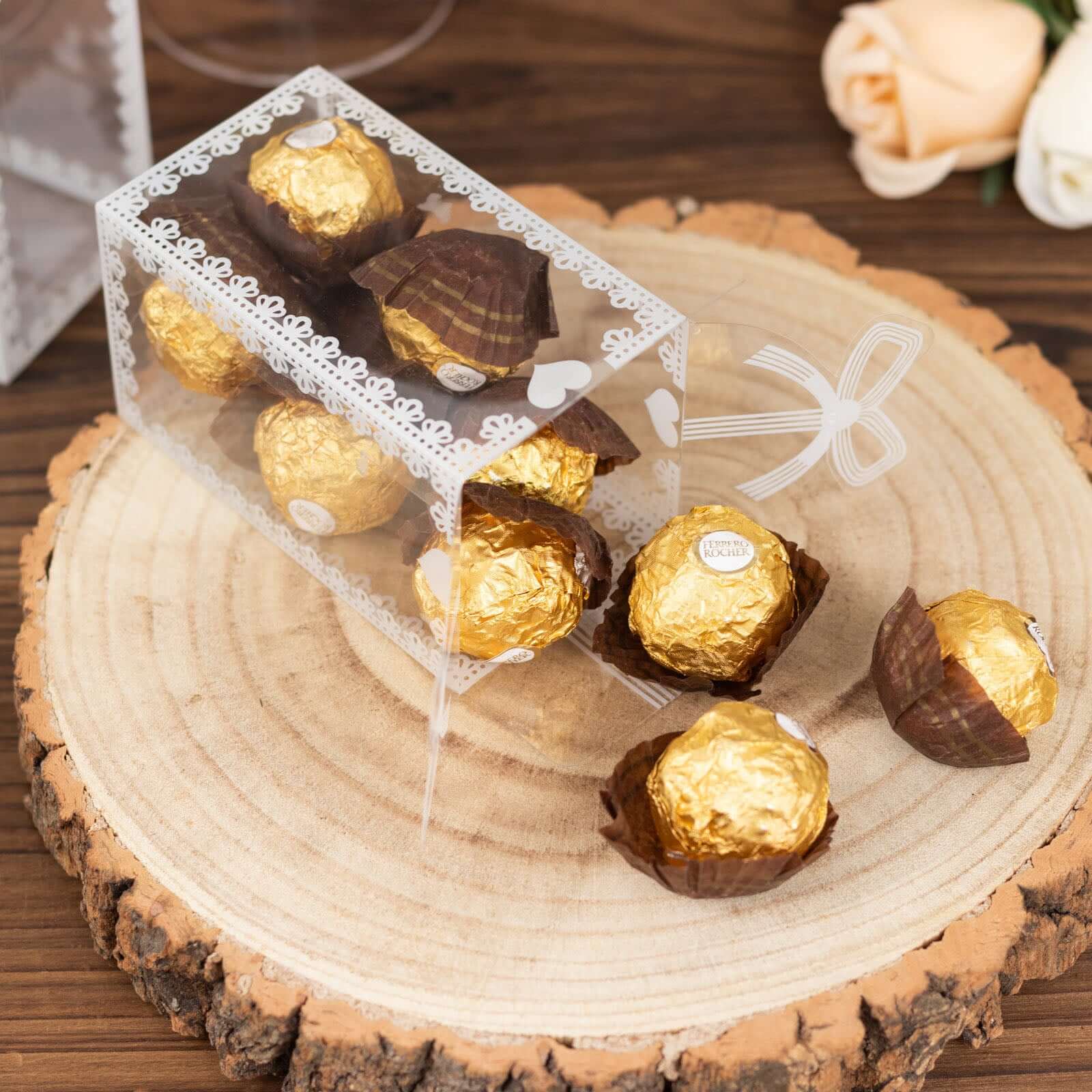 25 Pack Clear Rectangle Candy Gift Boxes With Bowknot and White Lace Pattern, 4" Transparent Plastic Party Favor Boxes - 2"x2"x4"