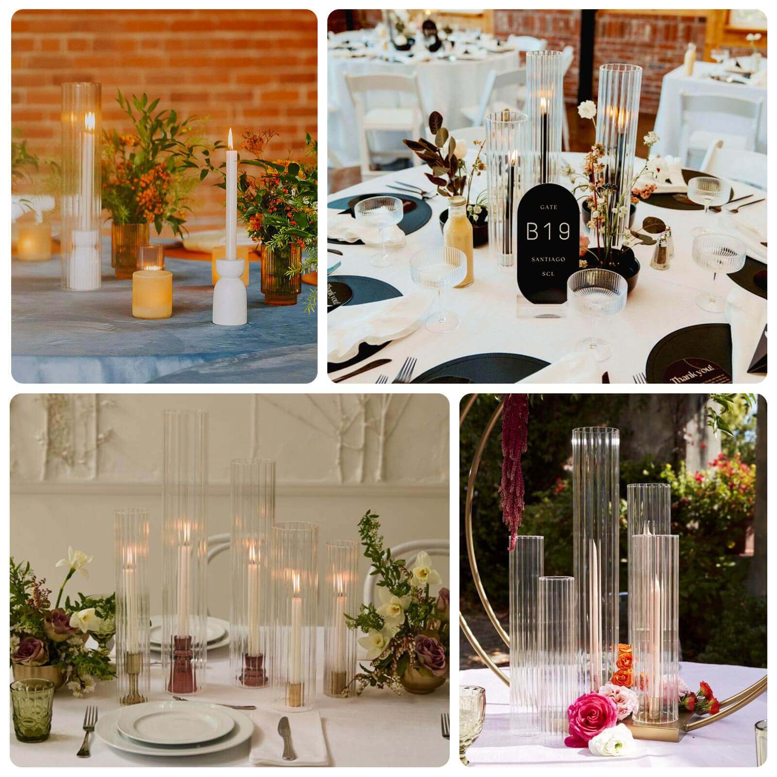 Set of 3 Clear Ribbed Glass Hurricane Shades Open End Design - Stylish Candelabra Pillar Candle Holder Table Centerpiece 15", 17", 19"