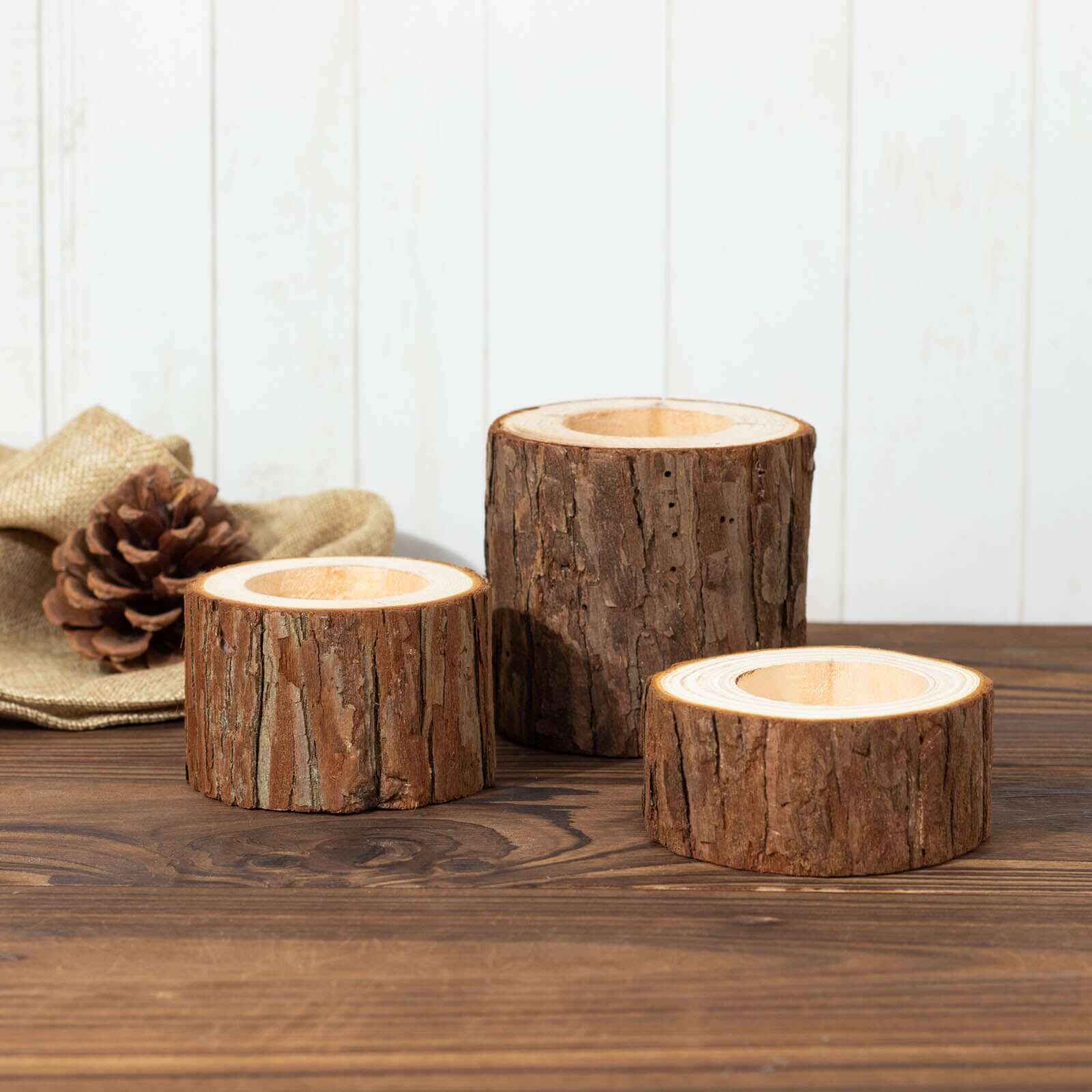 Set of 3 Rustic Wood Slice Votive Candle Holders - Tree Branch Wedding Table Décor 2.75", 1.5", 1.25"