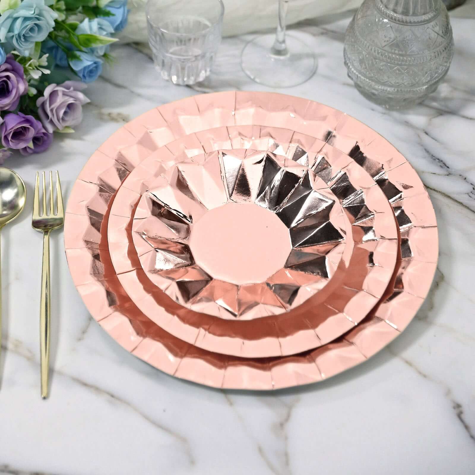 25-Pack Paper 12" Round Charger Plates in Metallic Rose Gold with Geometric Prism Design - Disposable 400GSM Serving Trays