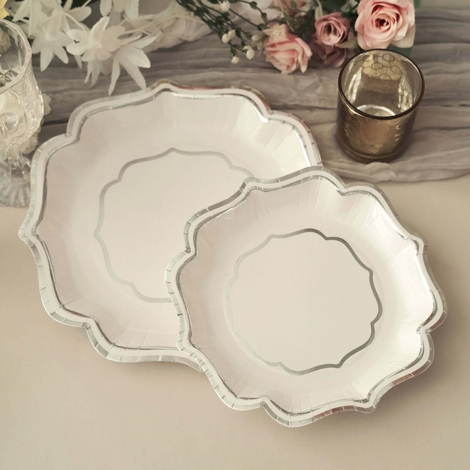 25-Pack Paper Dessert Plates in White with Silver Scallop Rim - Disposable 300GSM Appetizer Salad Plates 8"
