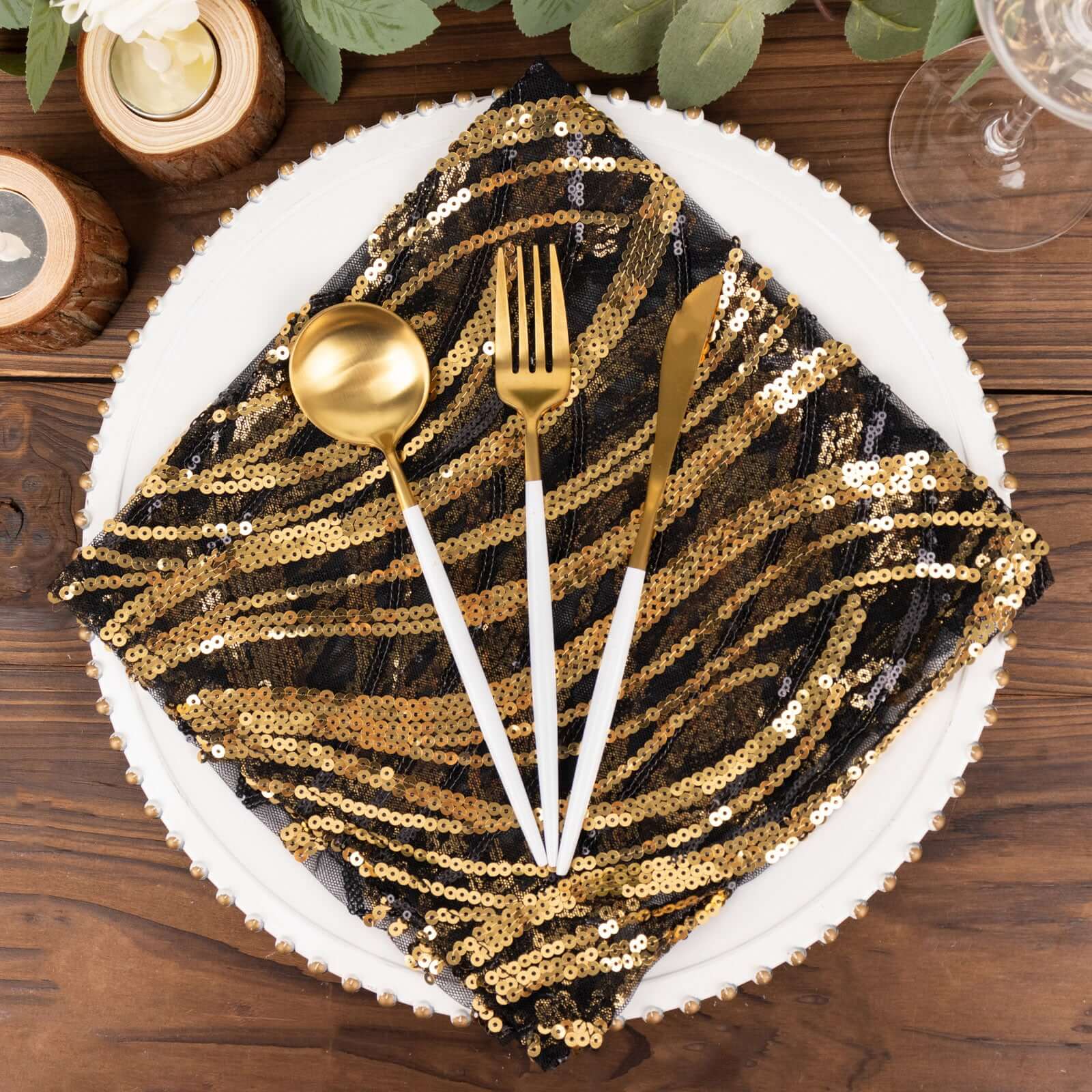Sequin Mesh 20"x20" Napkin Black Gold - Wave Embroidered Reusable Napkin