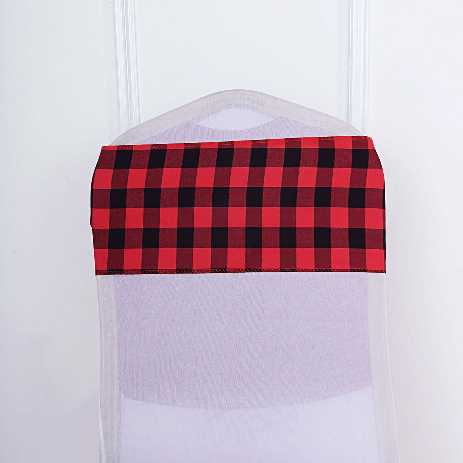 5 Pack Polyester Chair Sashes Black/Red Buffalo Plaid - Durable & Reusable Chair Bows 6"x108"