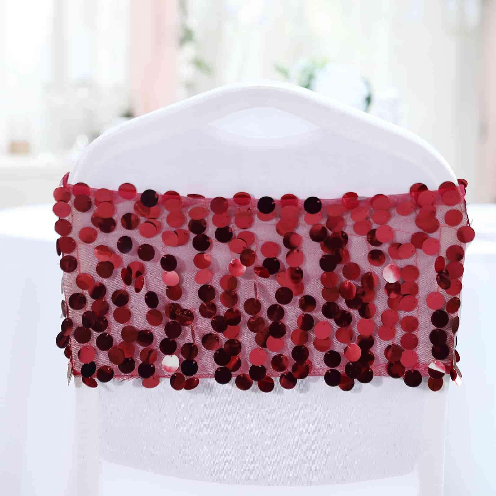 5 Pack Big Payette Sequin 13"x10" Chair Sash Bands Burgundy - Stylish Glittering Decor for Weddings & Gatherings