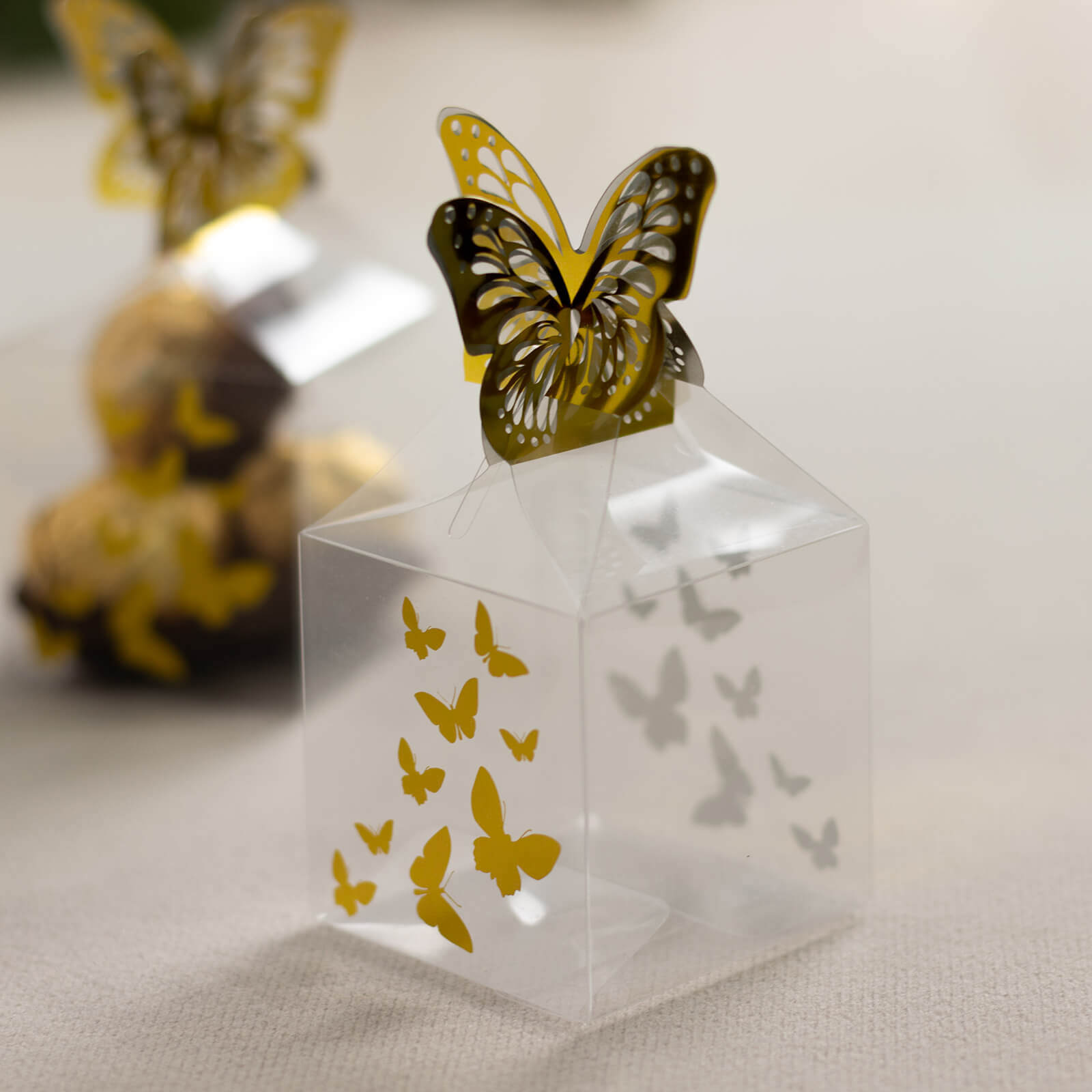 25 Pack Clear Transparent Square Party Favor Boxes with Gold Butterfly Top, Clear Candy Treat Gift Boxes - 2"x2"x4"